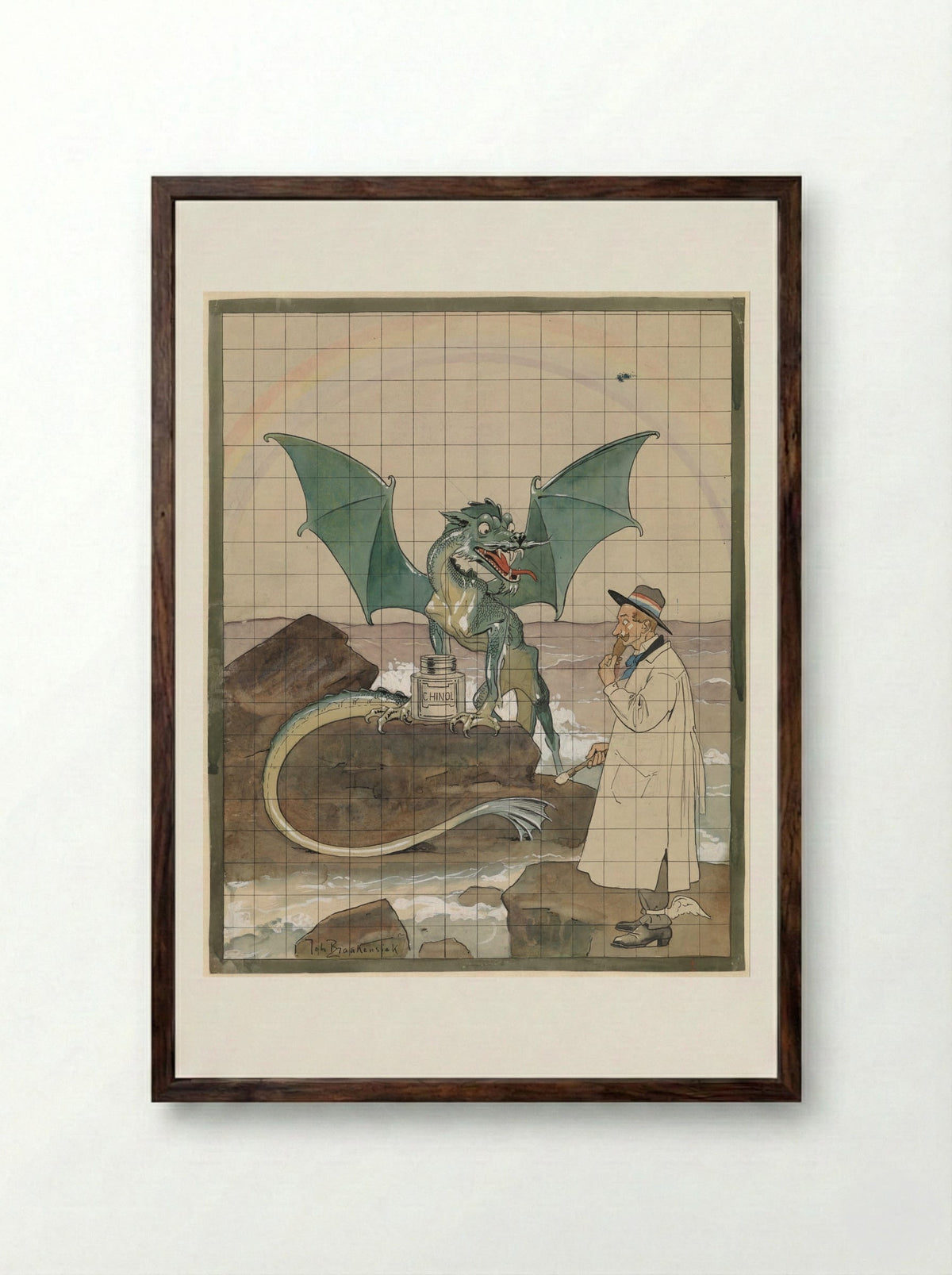 Artist with Dragon and Pot of Chinol - Johan Braakensiek - Framed Print Dark Wood