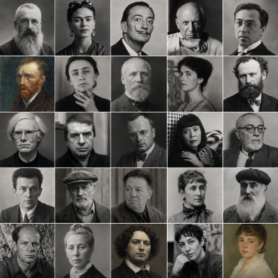 Grid of black and white portraits of various artists.
