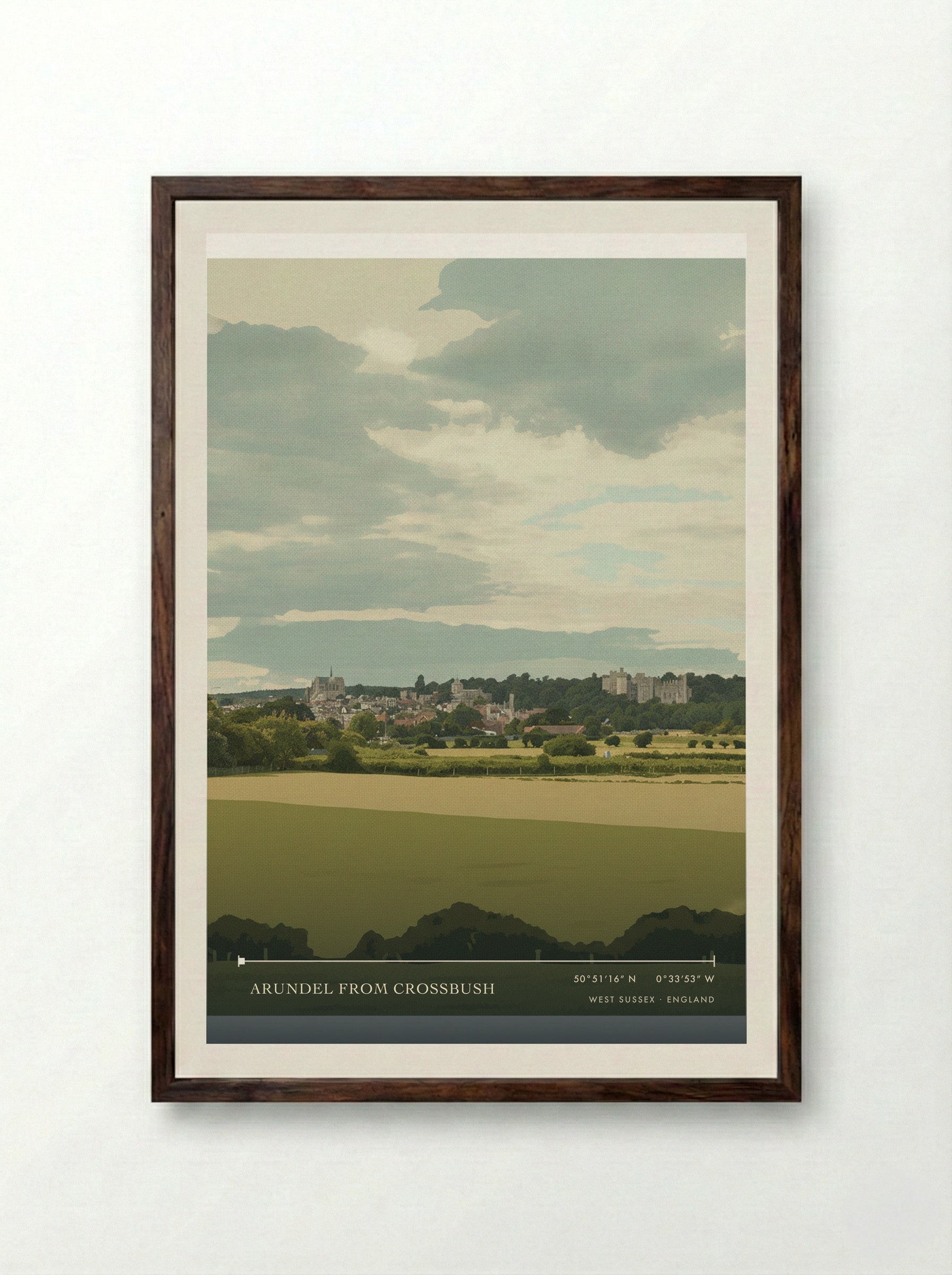 Arundel from Crossbush West Sussex England Travel Poster - Framed Print Dark Wood
