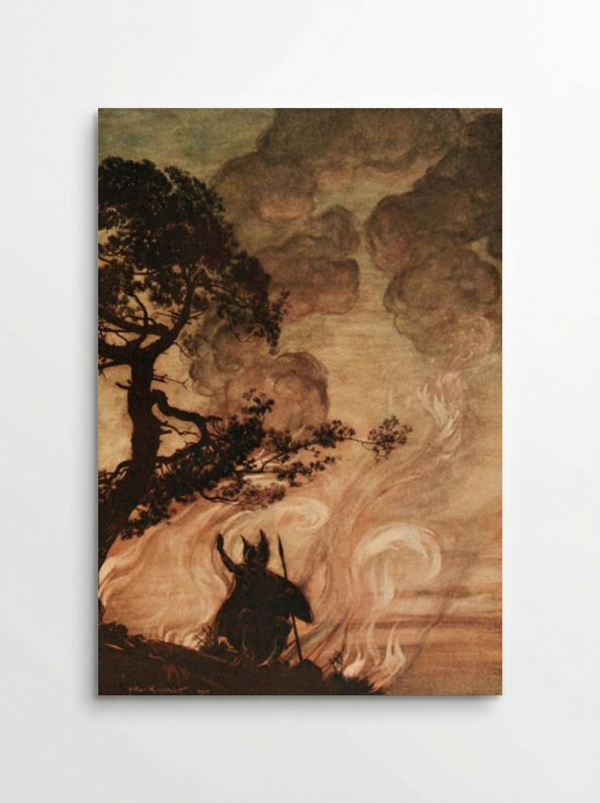 As he moves slowly away, Wotan turns and looks sorrowfully back at Brünnhilde - Arthur Rackham - Poster