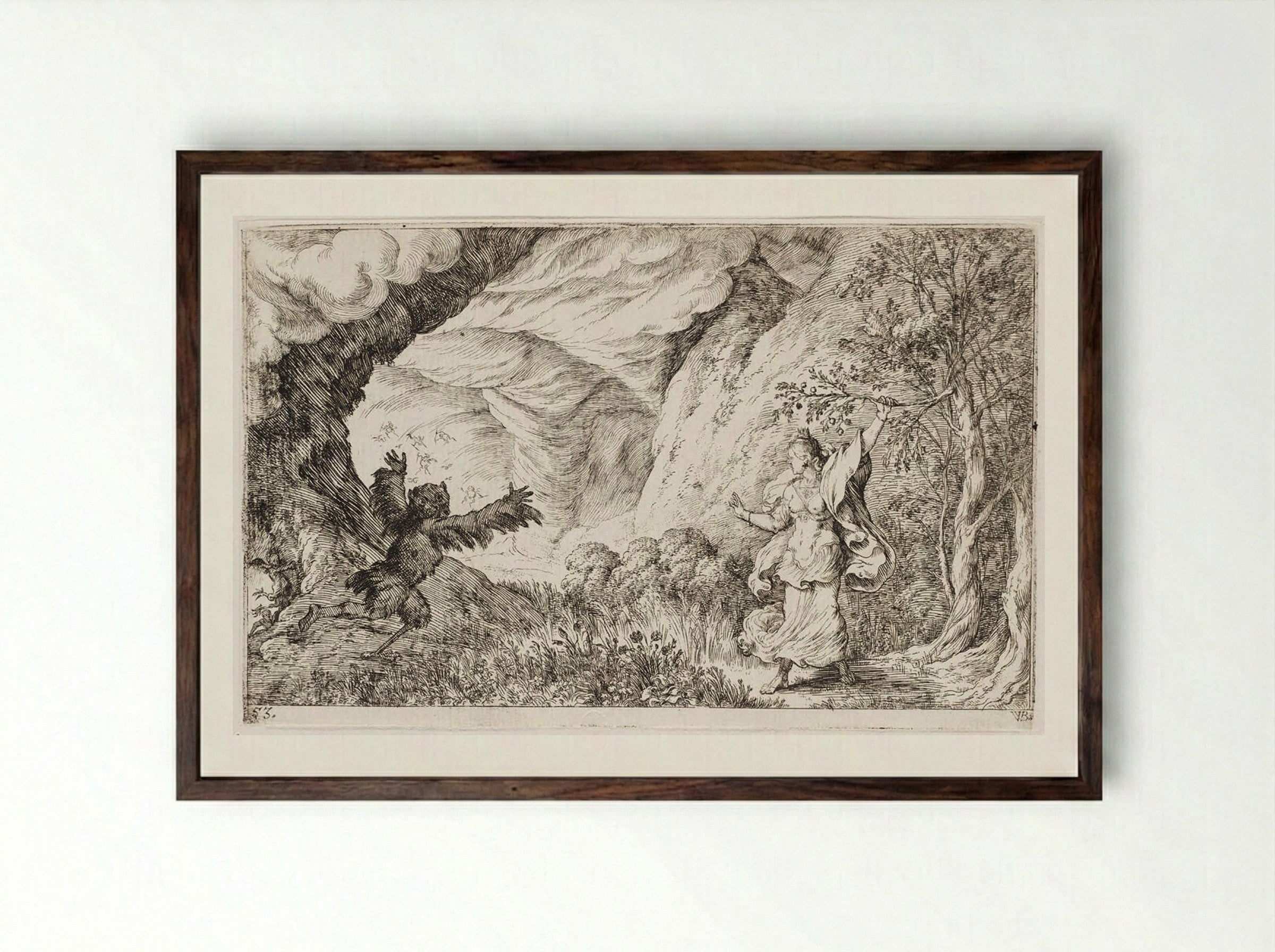 Ascalaphus Is Transformed into an Owl by Ceres - Johann Wilhelm Baur - Framed Print Dark Wood