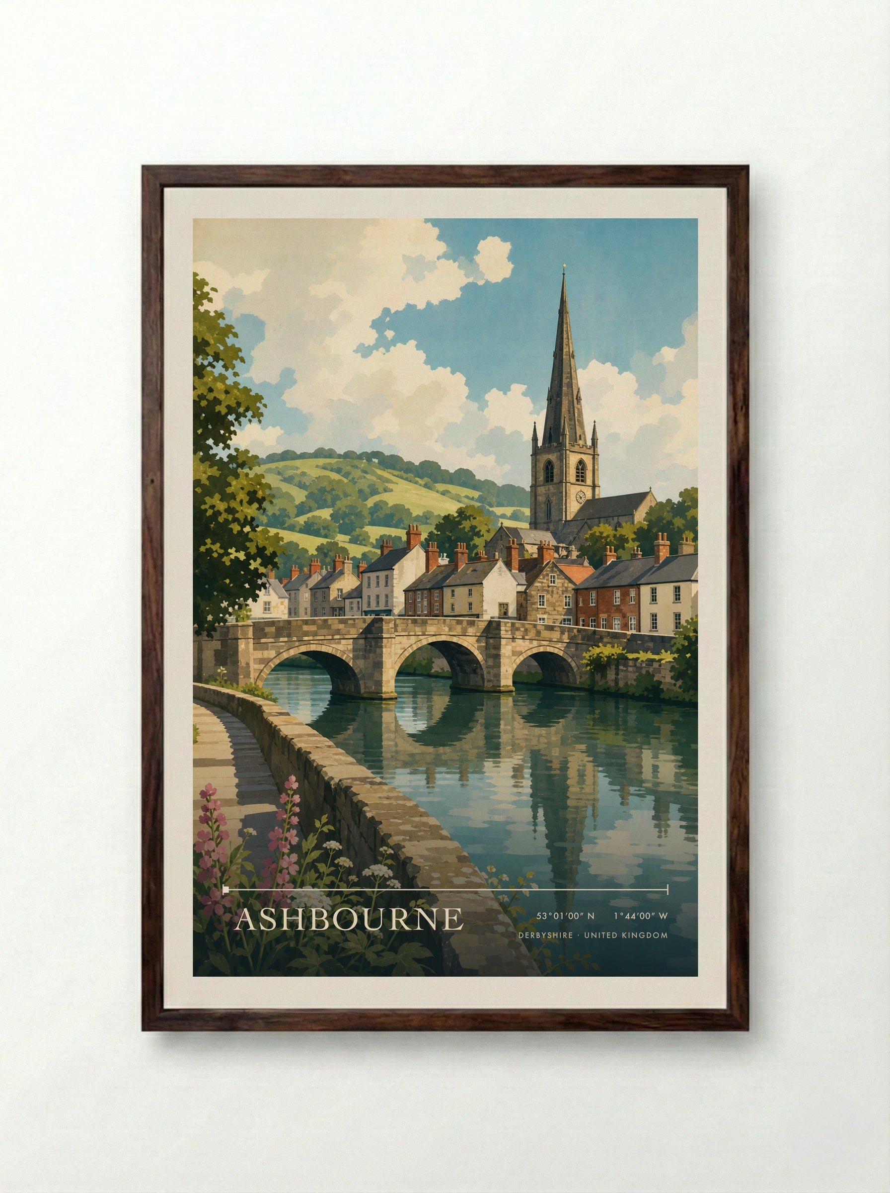 Ashbourne Derbyshire United Kingdom Travel Poster - Framed Print Dark Wood