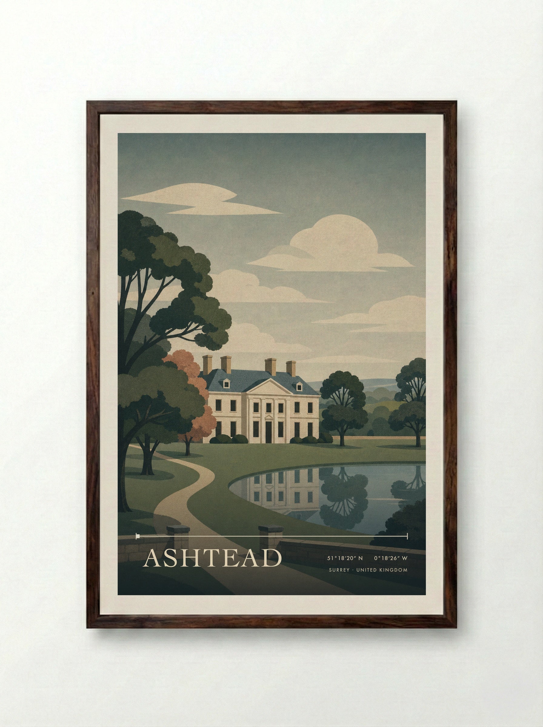 Ashtead Surrey United Kingdom Travel Poster - Framed Print Dark Wood