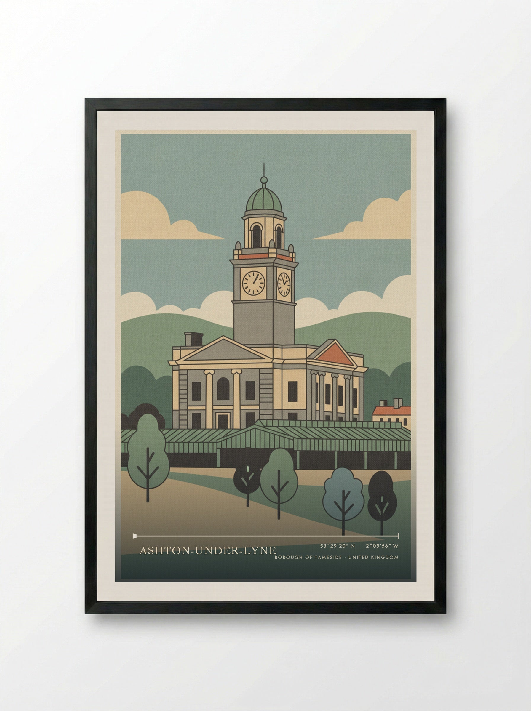 Ashton-under-Lyne Borough of Tameside United Kingdom Travel Poster - Framed Print Black