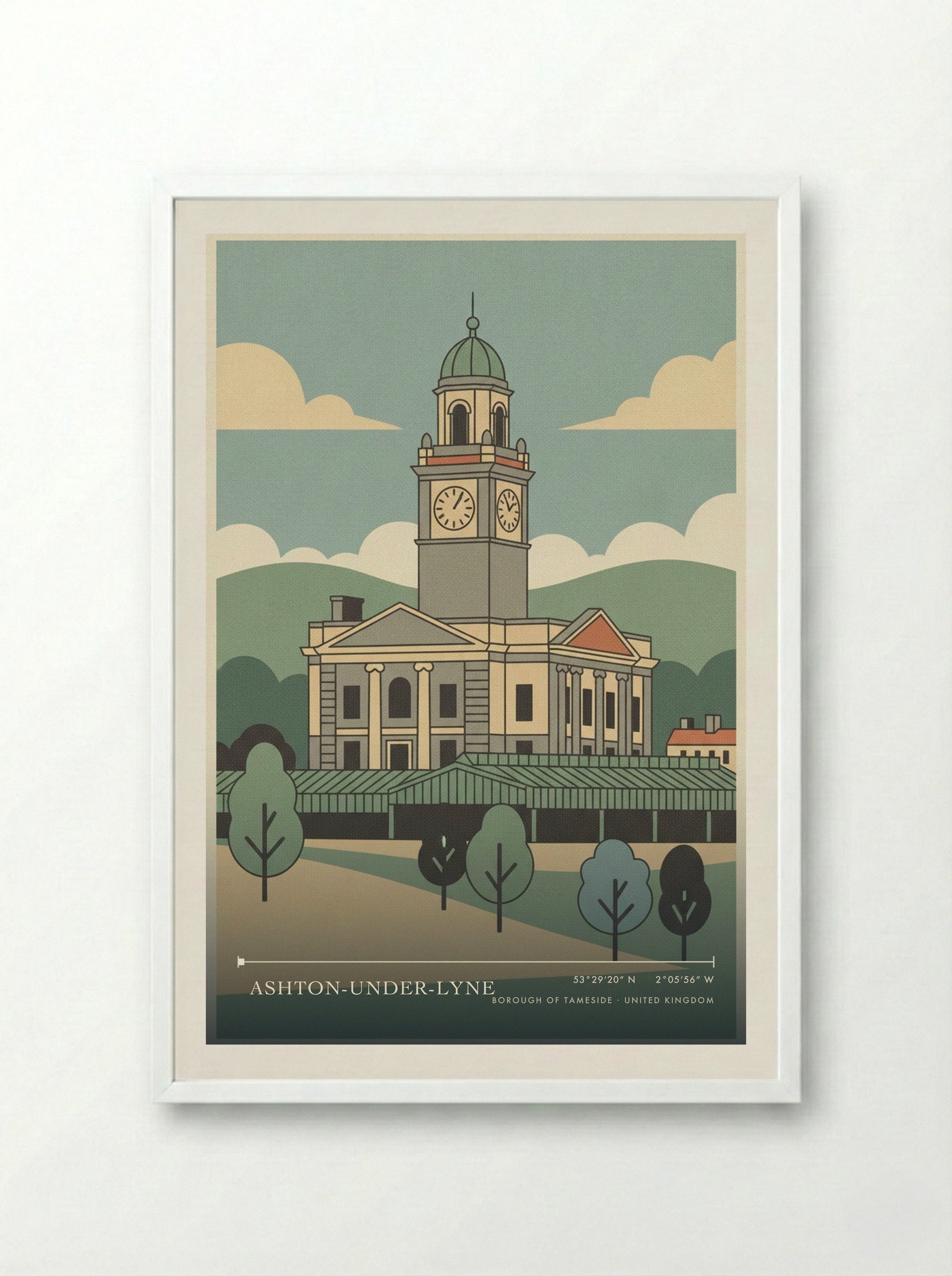 Ashton-under-Lyne Borough of Tameside United Kingdom Travel Poster - Framed Print White