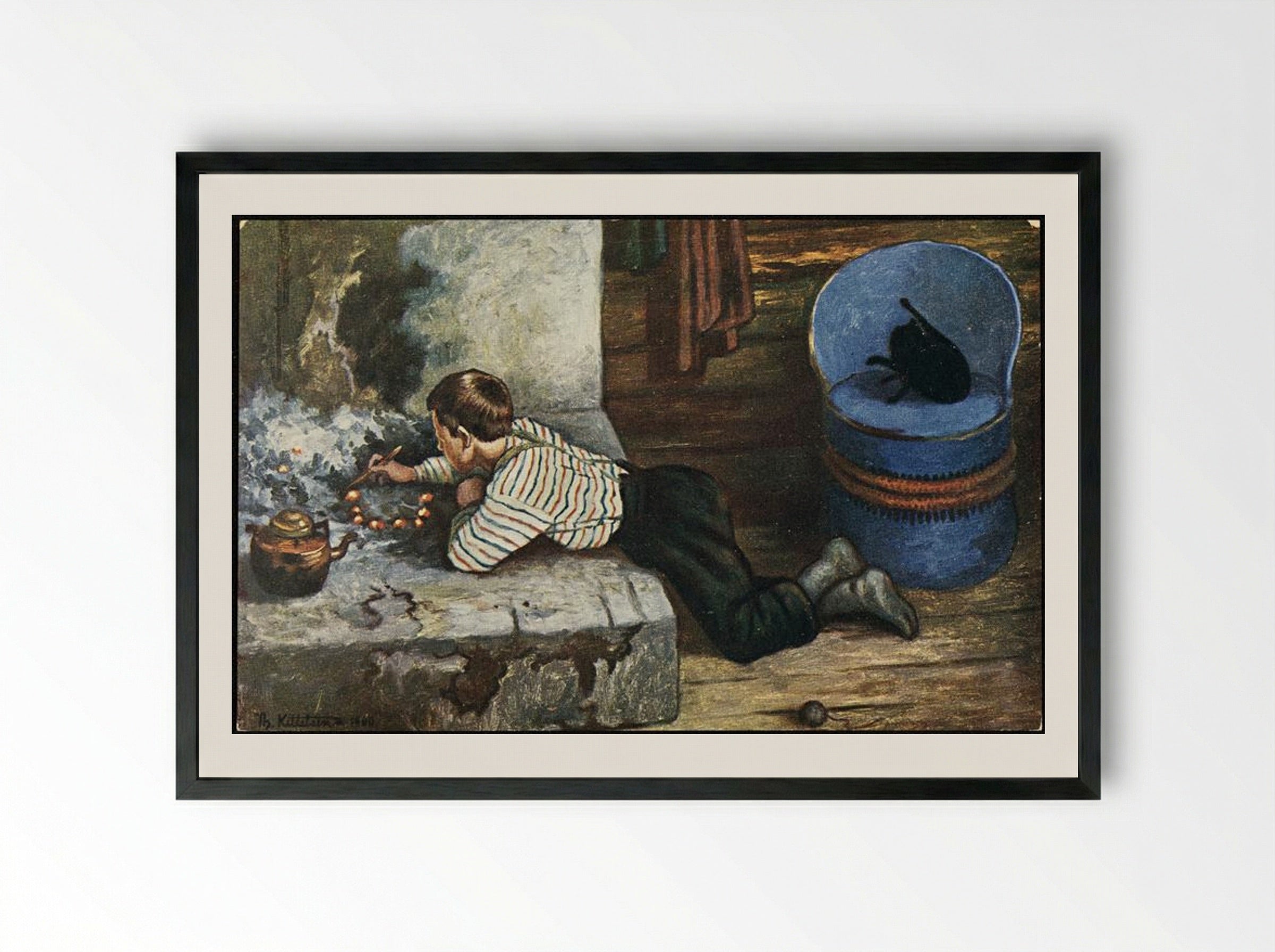 Askeladden by the Hearth - Theodor Severin Kittelsen - Framed Print Black