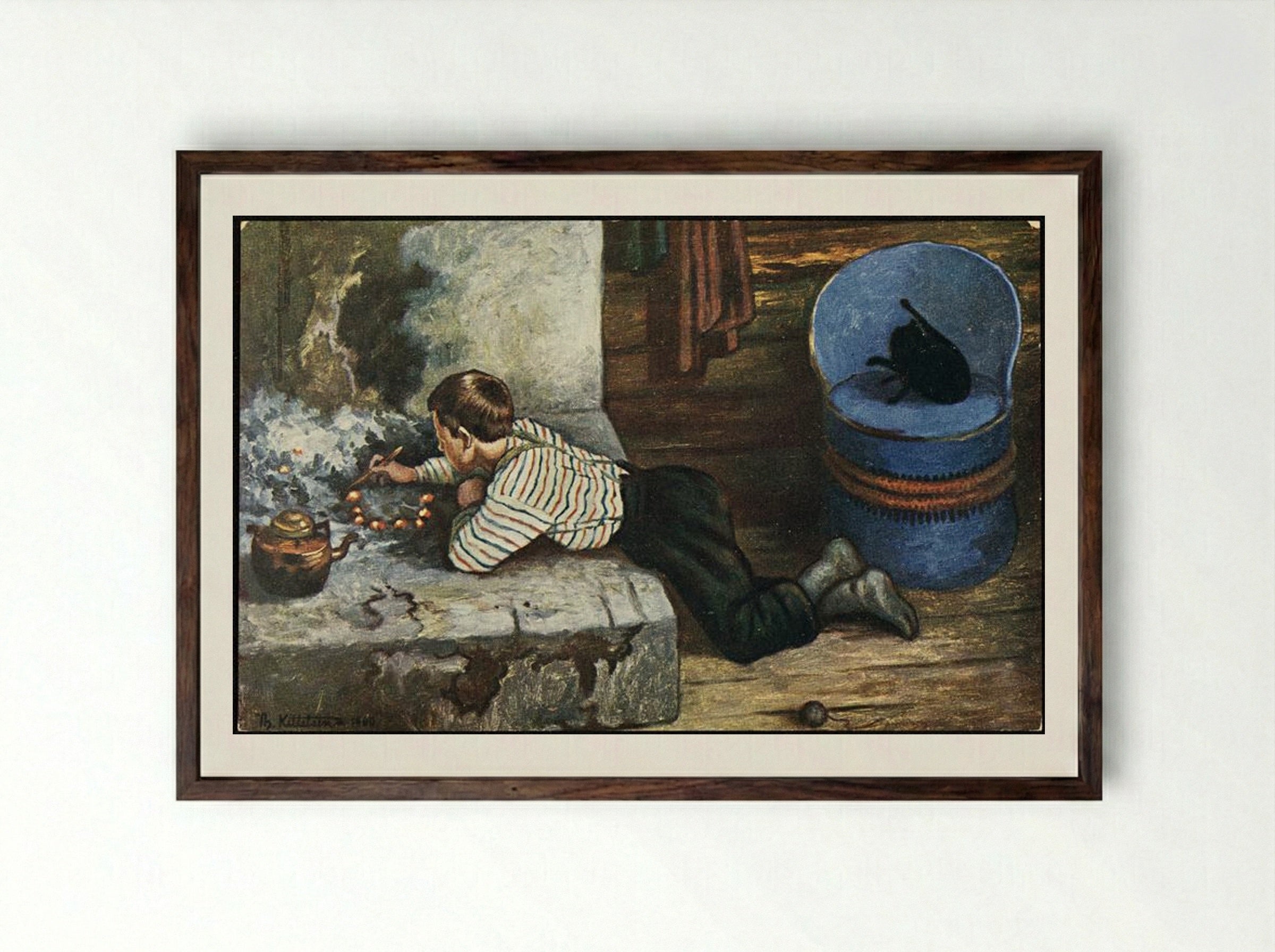 Askeladden by the Hearth - Theodor Severin Kittelsen - Framed Print Dark Wood