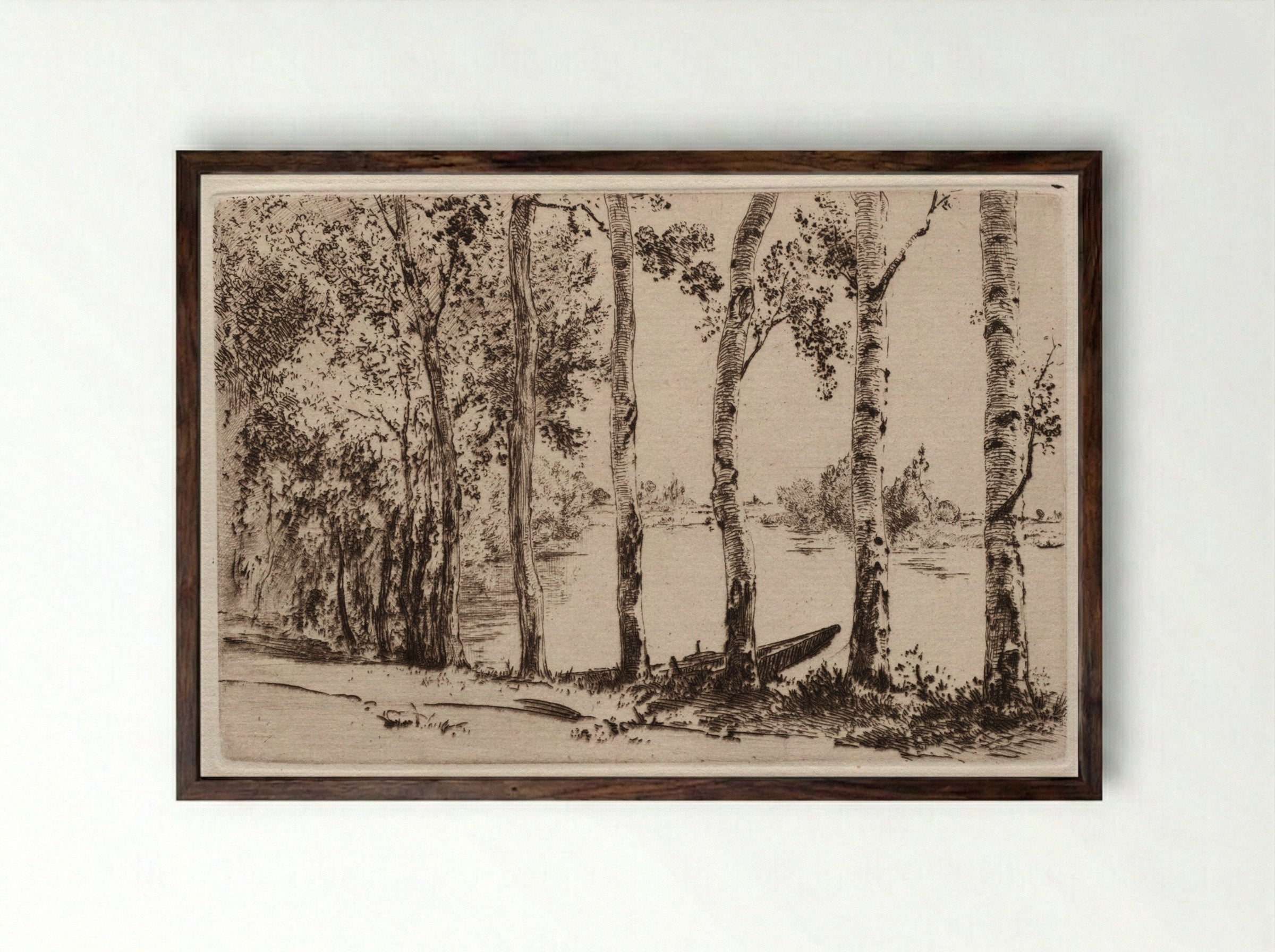Aspens on the Bank of the Seine - Félix Bracquemond - Framed Print Dark Wood