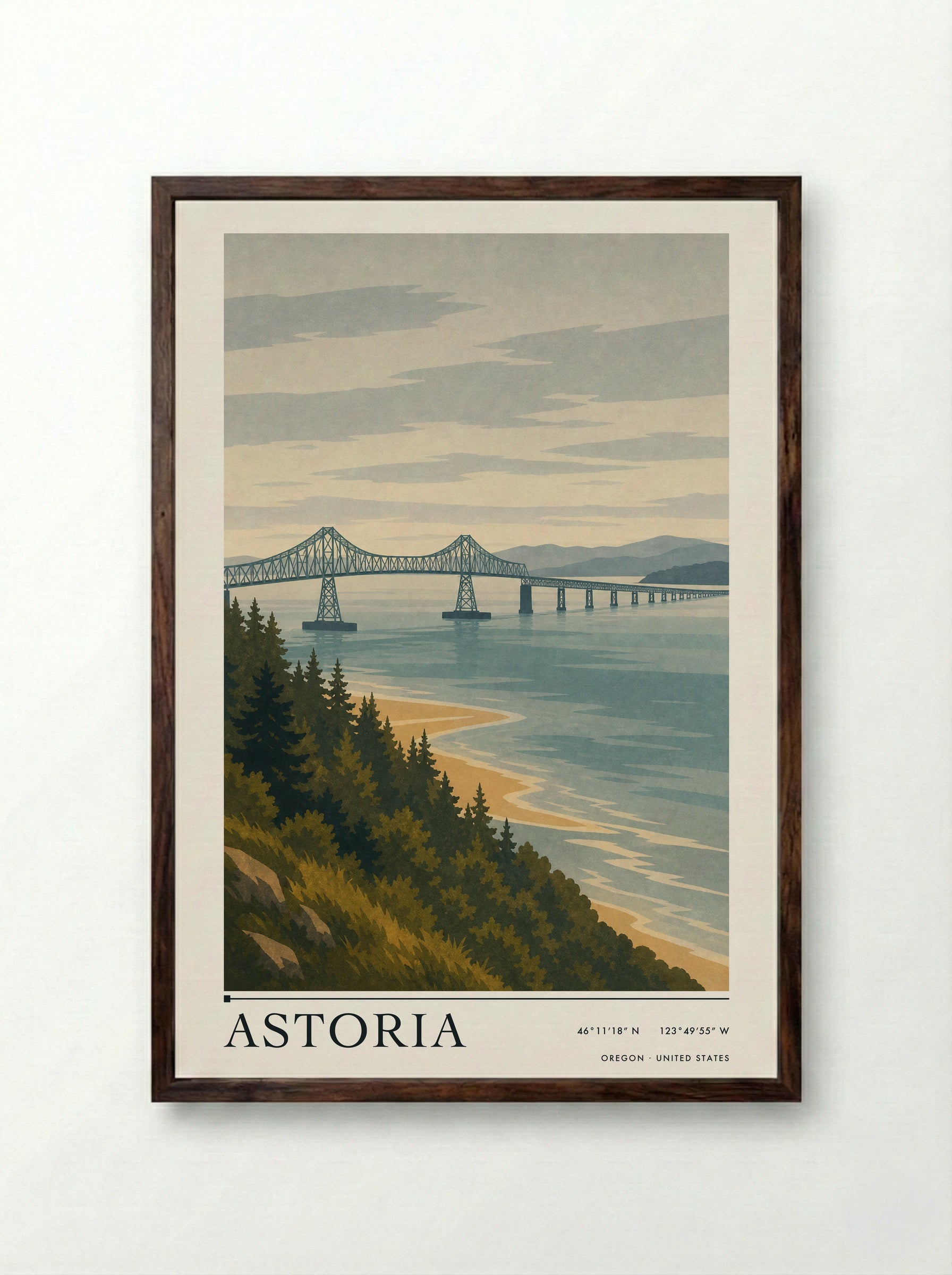 Astoria Travel Poster Artwork - Framed Print Dark Wood