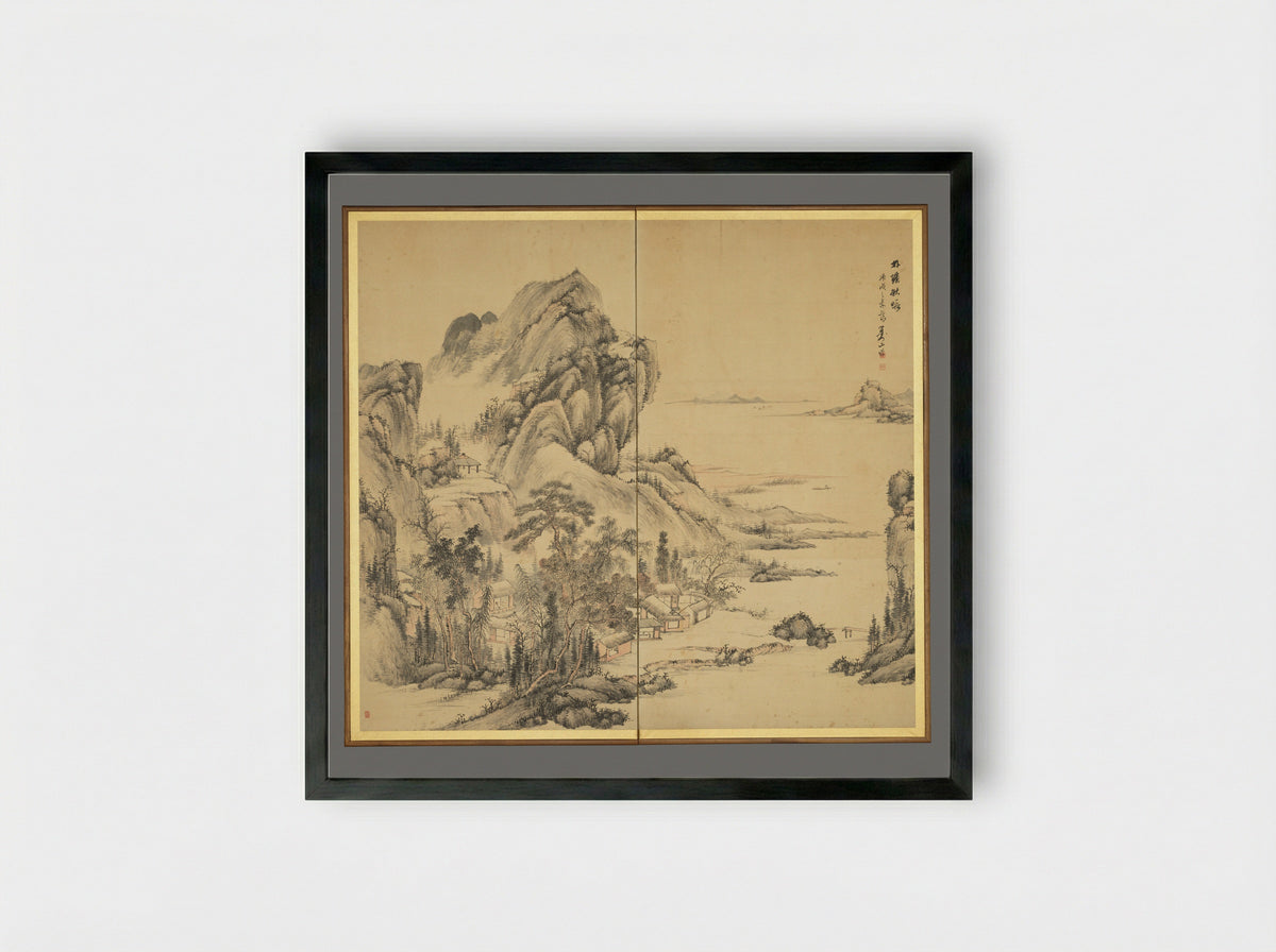 At leisure in a lakeside grove in autumn - Hine Taizan - Framed Print Black