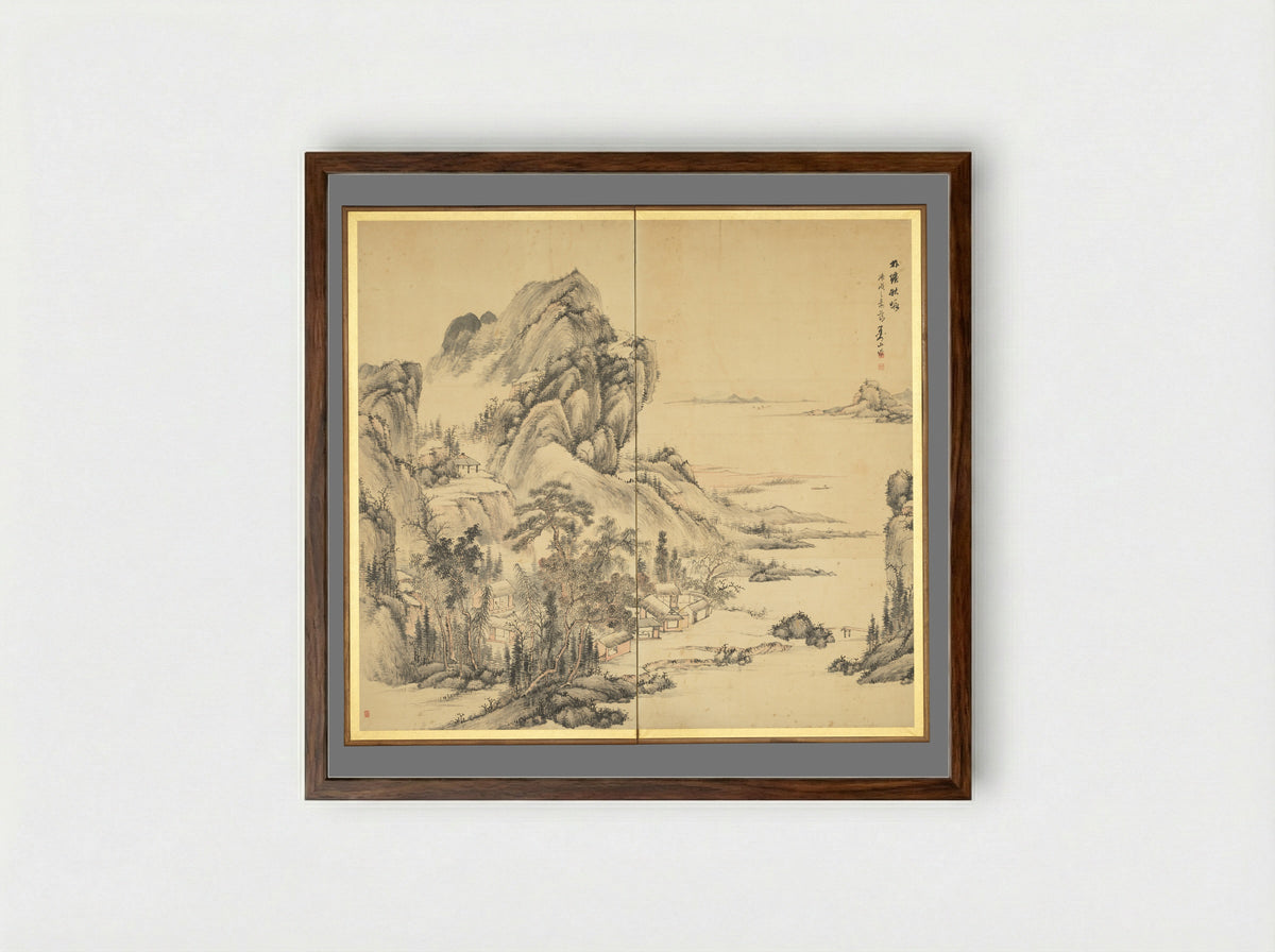 At leisure in a lakeside grove in autumn - Hine Taizan - Framed Print Dark Wood