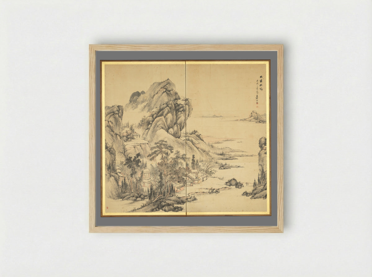 At leisure in a lakeside grove in autumn - Hine Taizan - Framed Print Wood