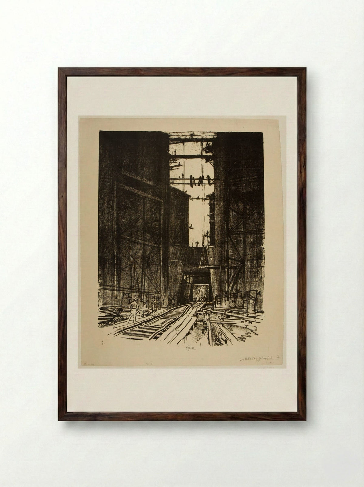 At the Bottom of Gatun Lock, Panama - Joseph Pennell - Framed Print Dark Wood