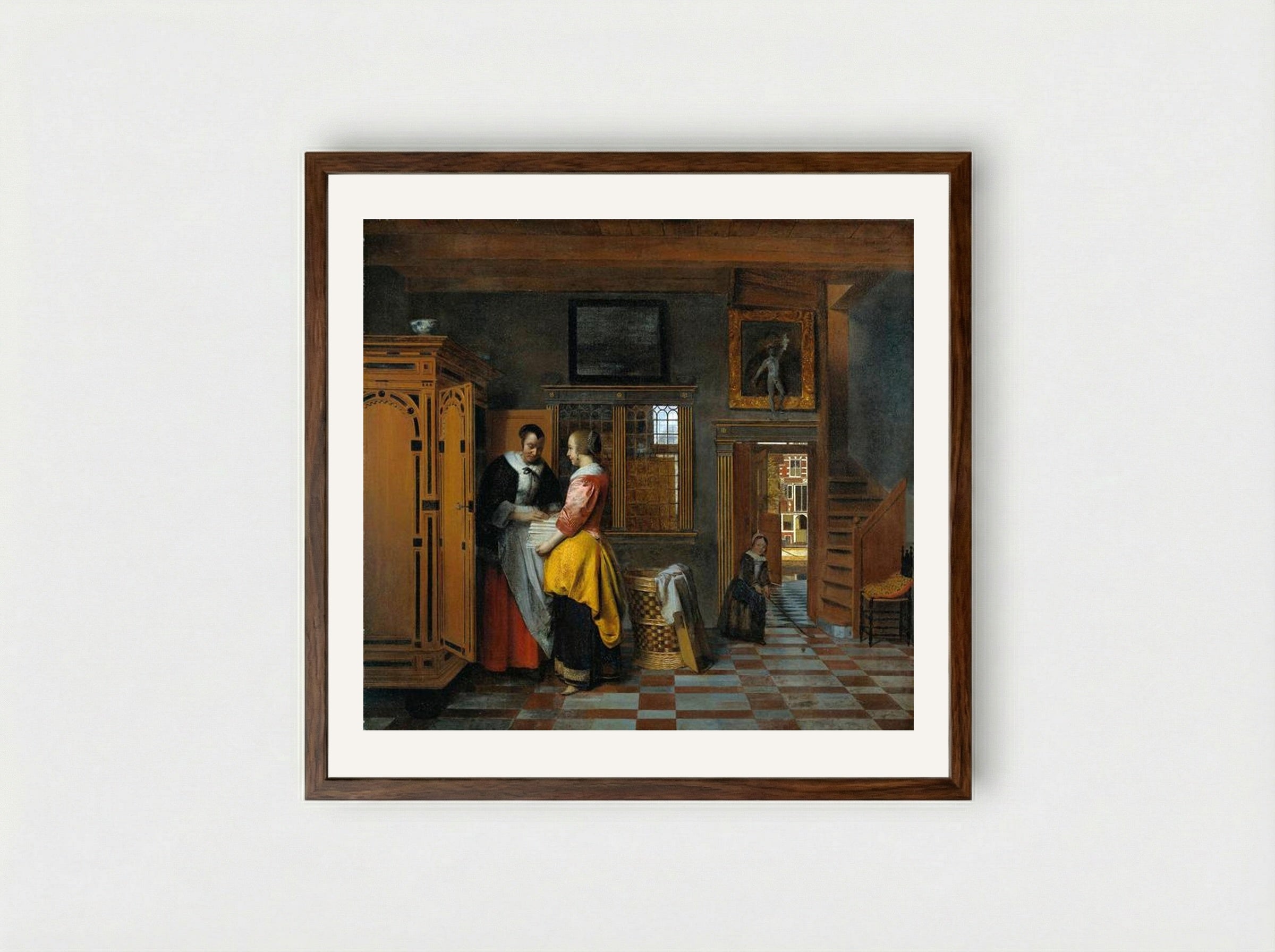 At the Linen Closet - Pieter de Hooch - Framed Print Dark Wood
