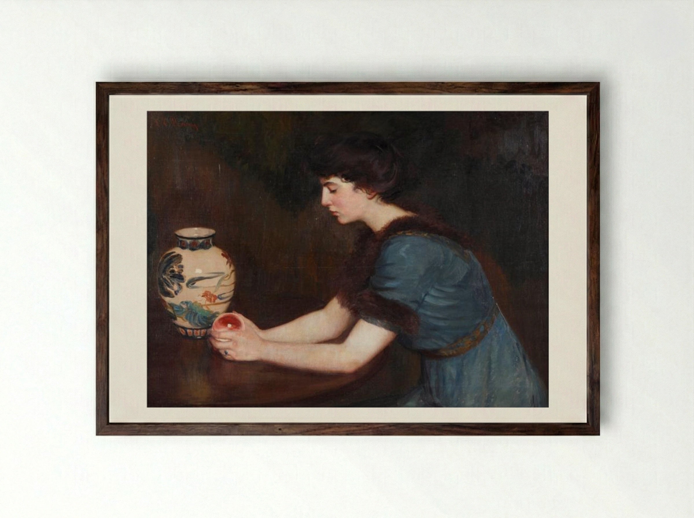 At the Window (Portrait of Julia Sullivan Lynch) - Lilla Cabot Perry - Framed Print Dark Wood
