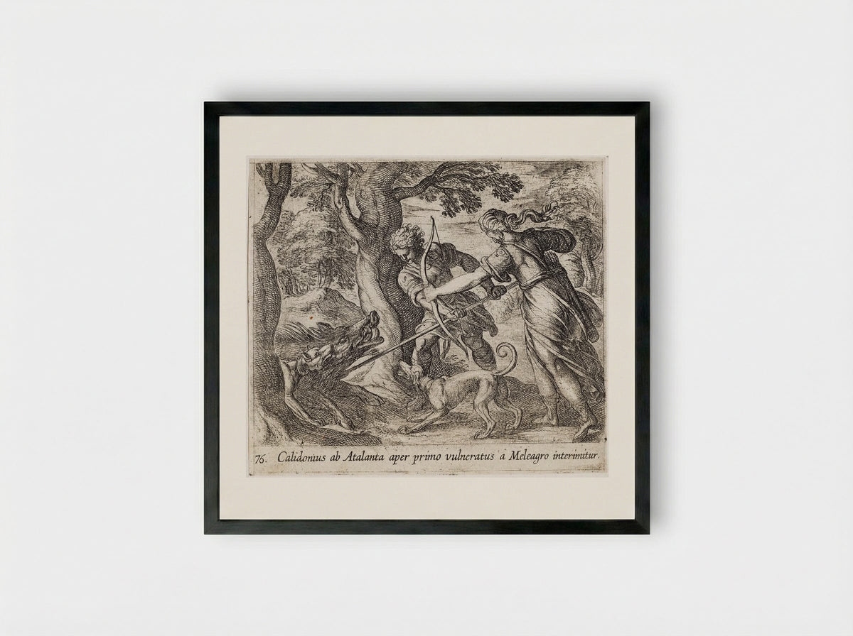 Atalanta and Meleager Killing the Wild Boar - Antonio Tempesta - Framed Print Black