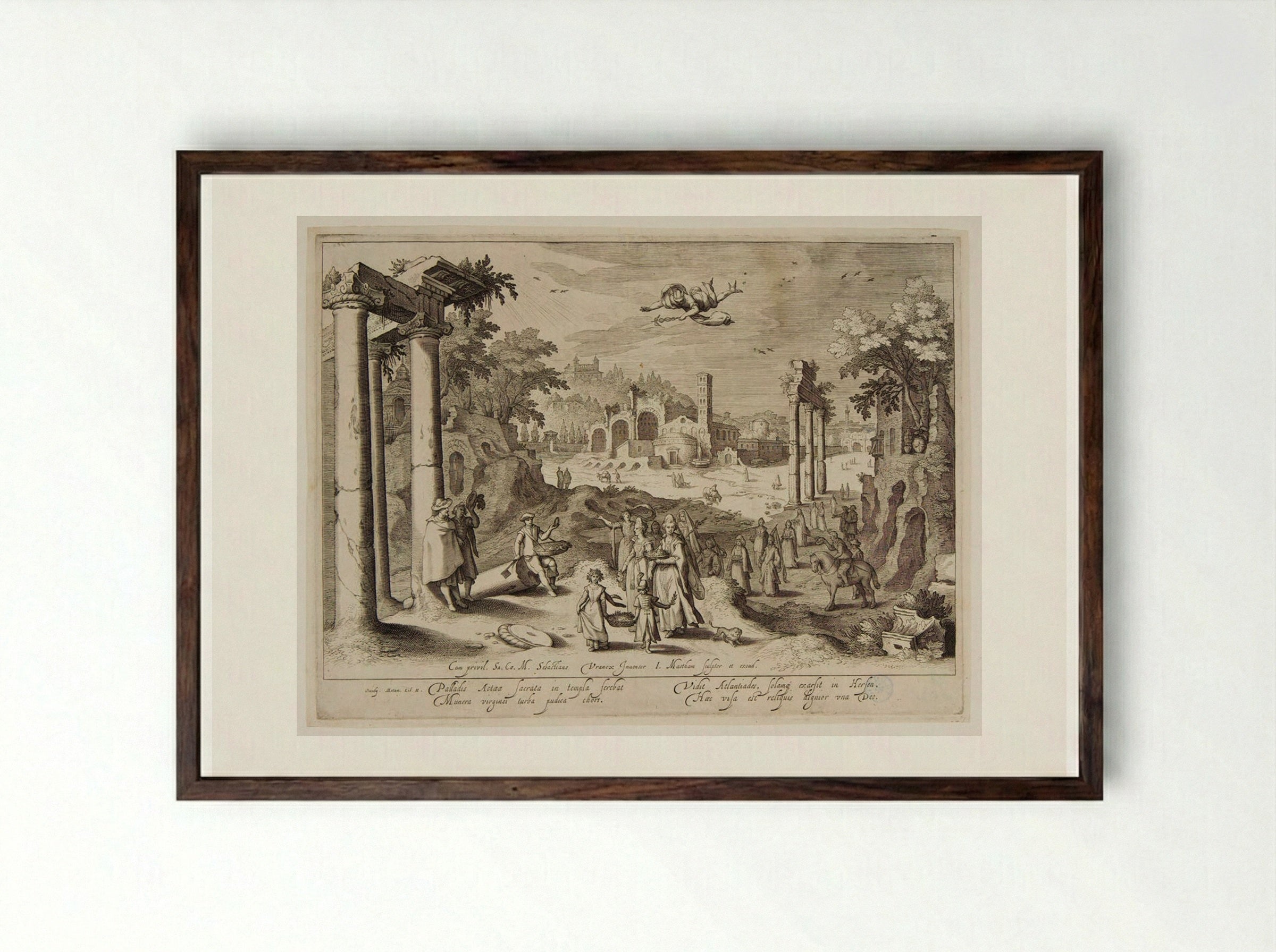 Atalantiades Carrying the Basket of Minerva to the Temple - Jacob Matham - Framed Print Dark Wood