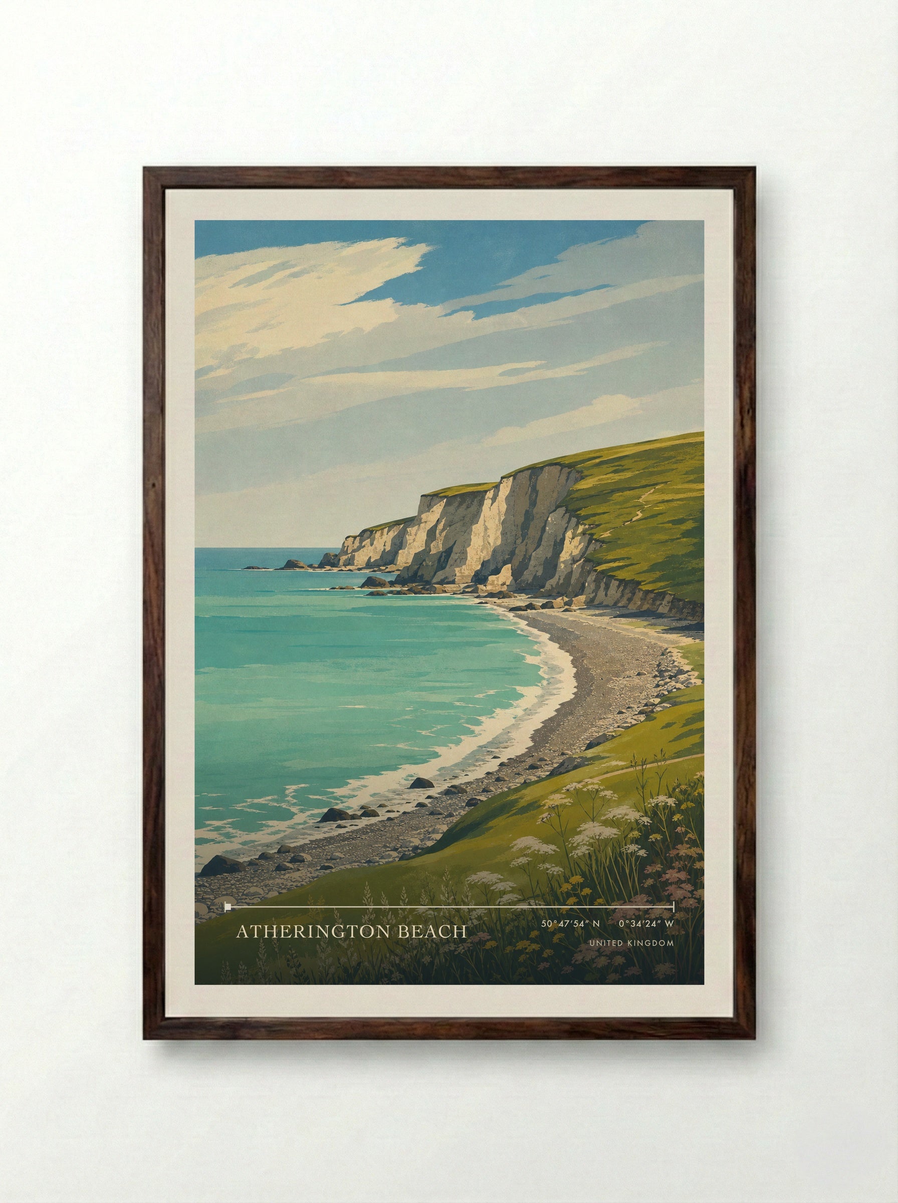 Atherington Beach United Kingdom Travel Poster - Framed Print Dark Wood