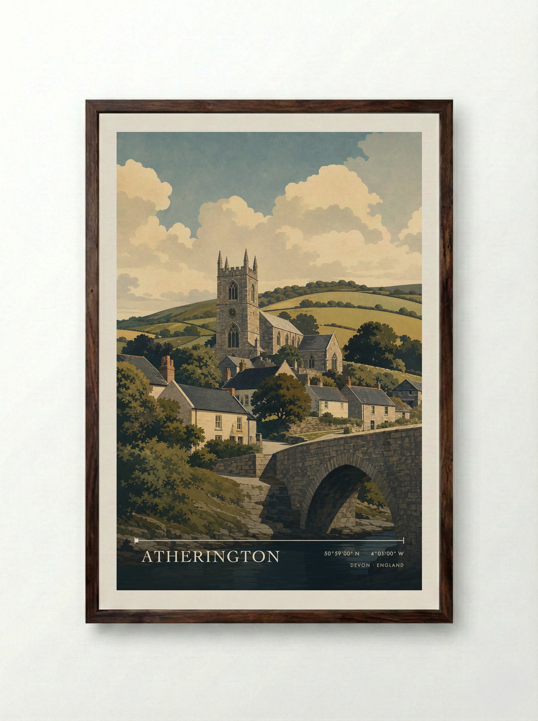 Atherington Devon England Travel Poster - Framed Print Dark Wood
