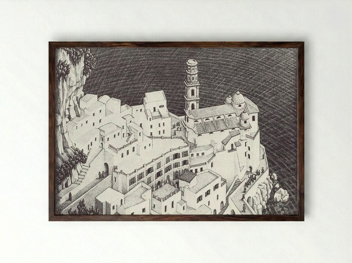 Atrani, Coast of Amalfi - M.C. Escher - Framed Print Dark Wood