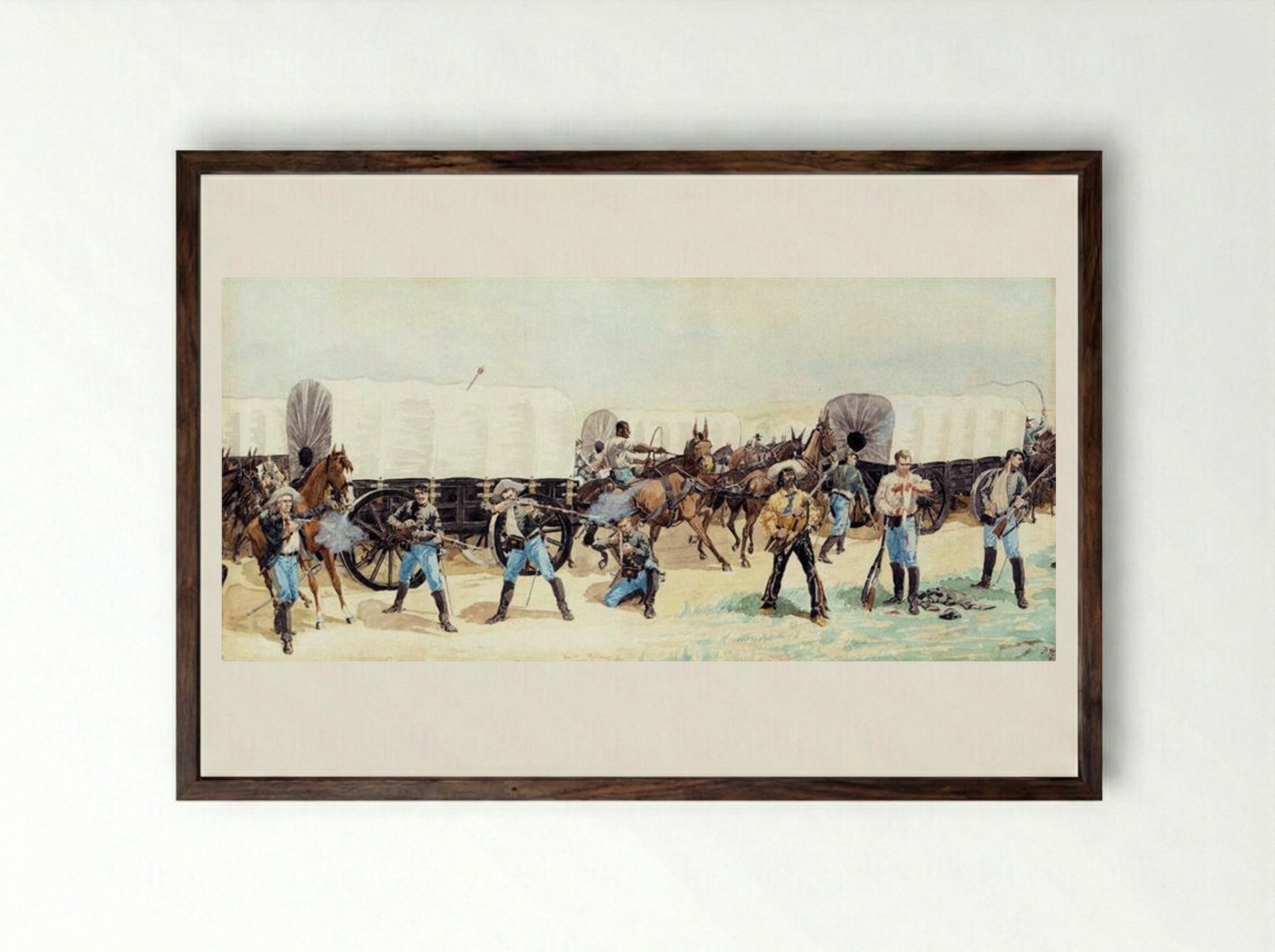 Attack on the Supply Train - Frederic Remington - Framed Print Dark Wood