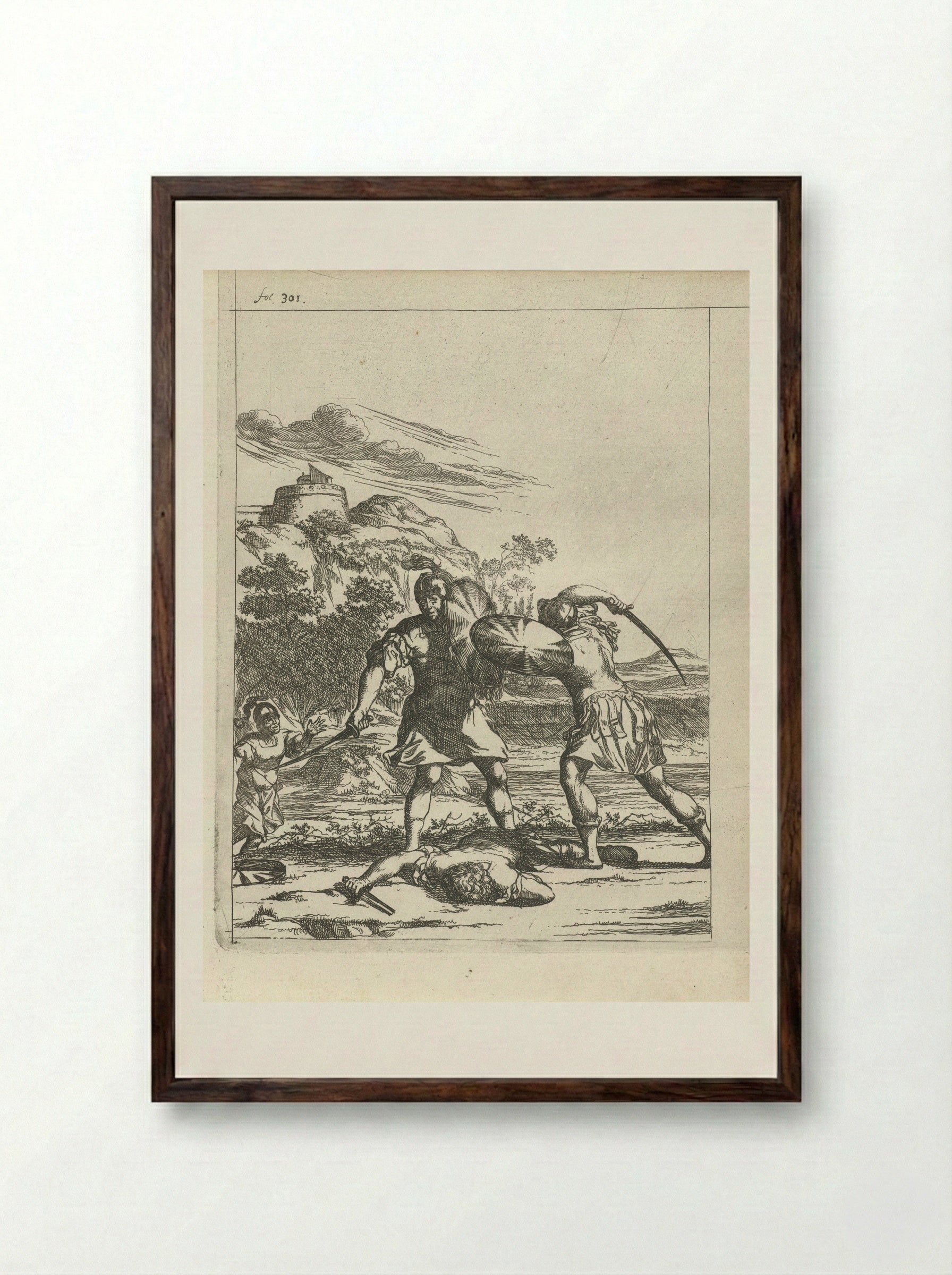 Attilus wordt door een zoon van zijn krijgsman gedood - Arnold Houbraken - Framed Print Dark Wood