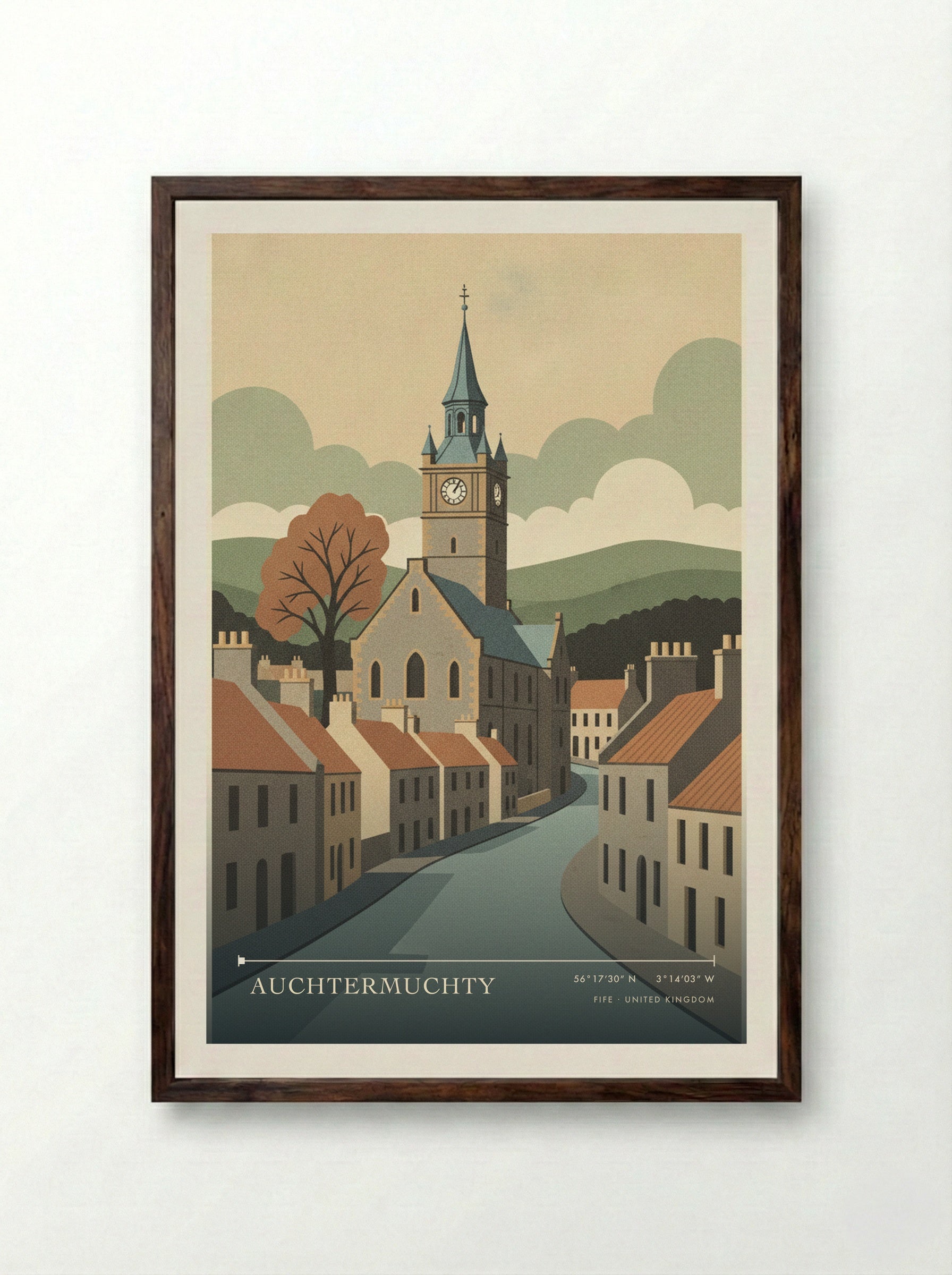 Auchtermuchty Fife United Kingdom Travel Poster - Framed Print Dark Wood