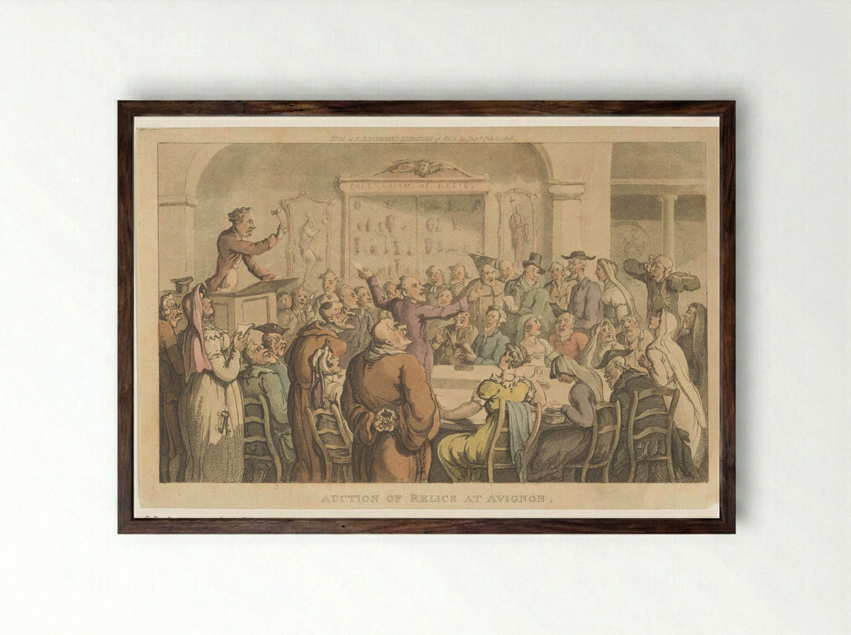 Auction of Relics at Avignon - Thomas Rowlandson - Framed Print Dark Wood