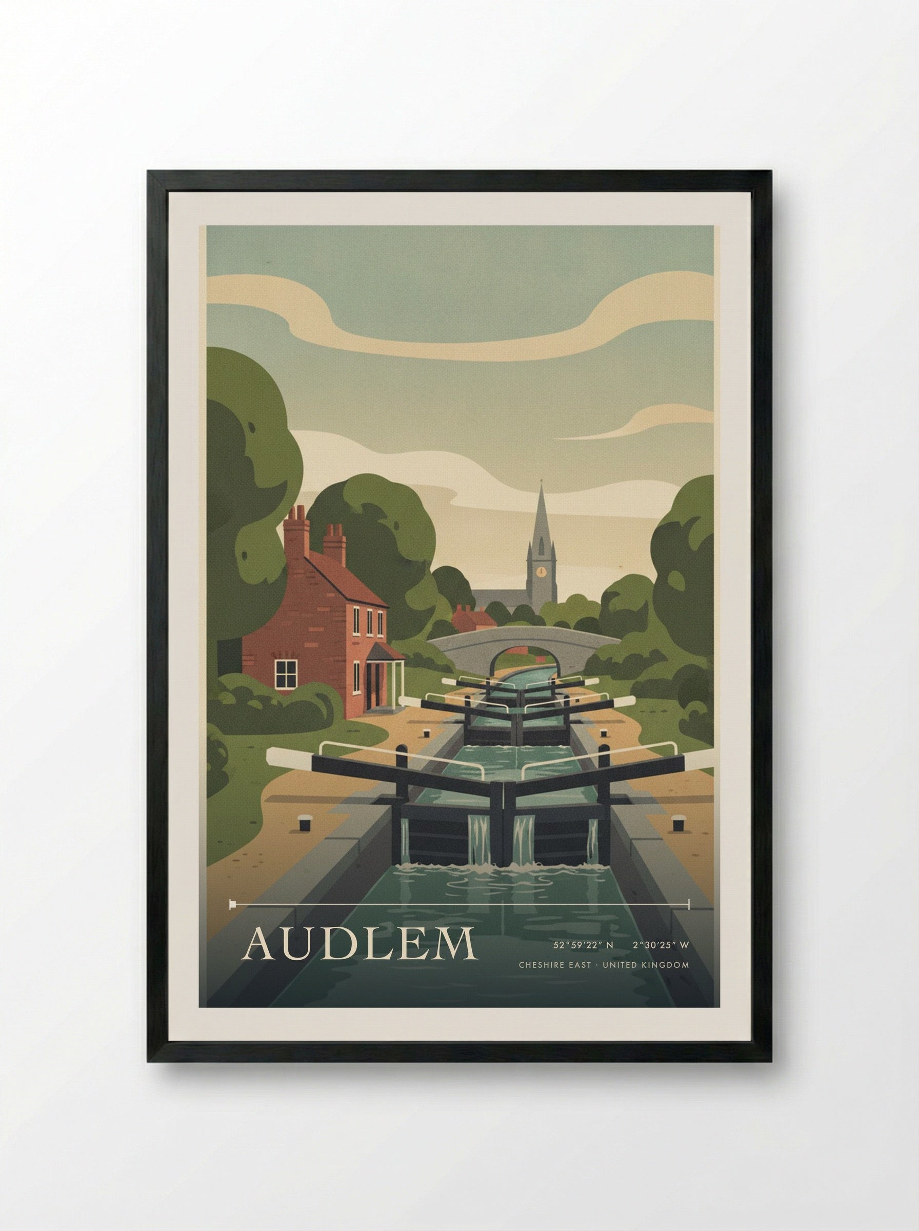 Audlem Cheshire East United Kingdom Travel Poster - Framed Print Black
