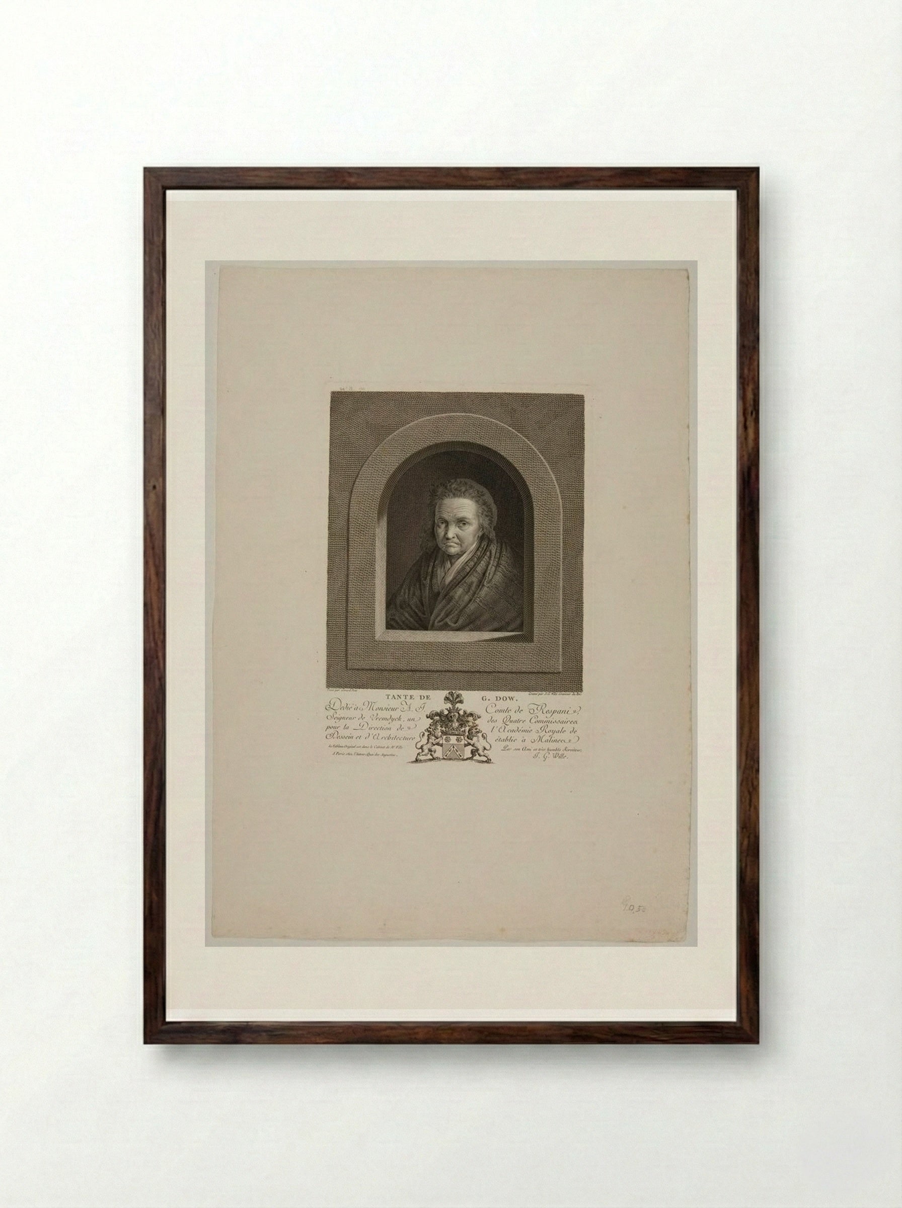 Aunt of Gerard Dou - Johann Georg Wille - Framed Print Dark Wood