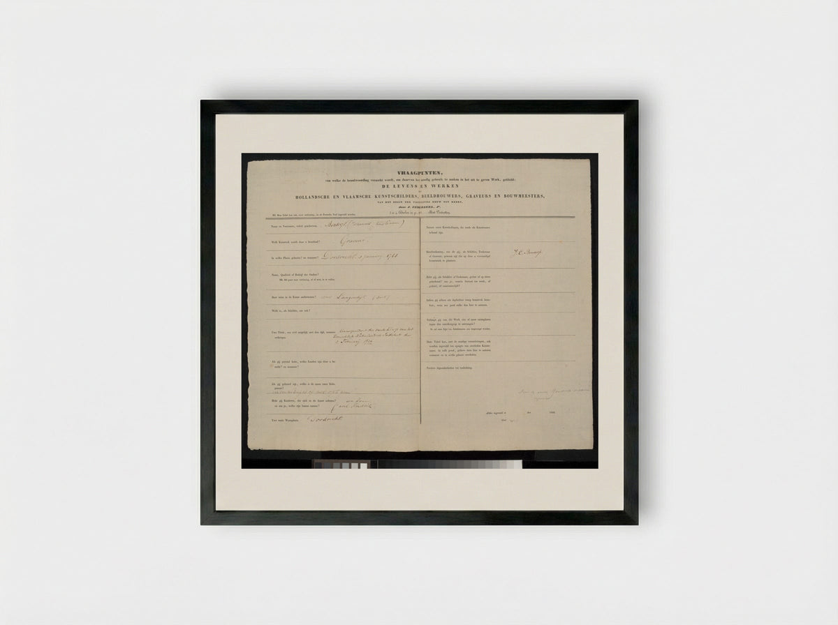 Autobiographical Questionnaire - Johannes Christiaan Bendorp - Framed Print Black