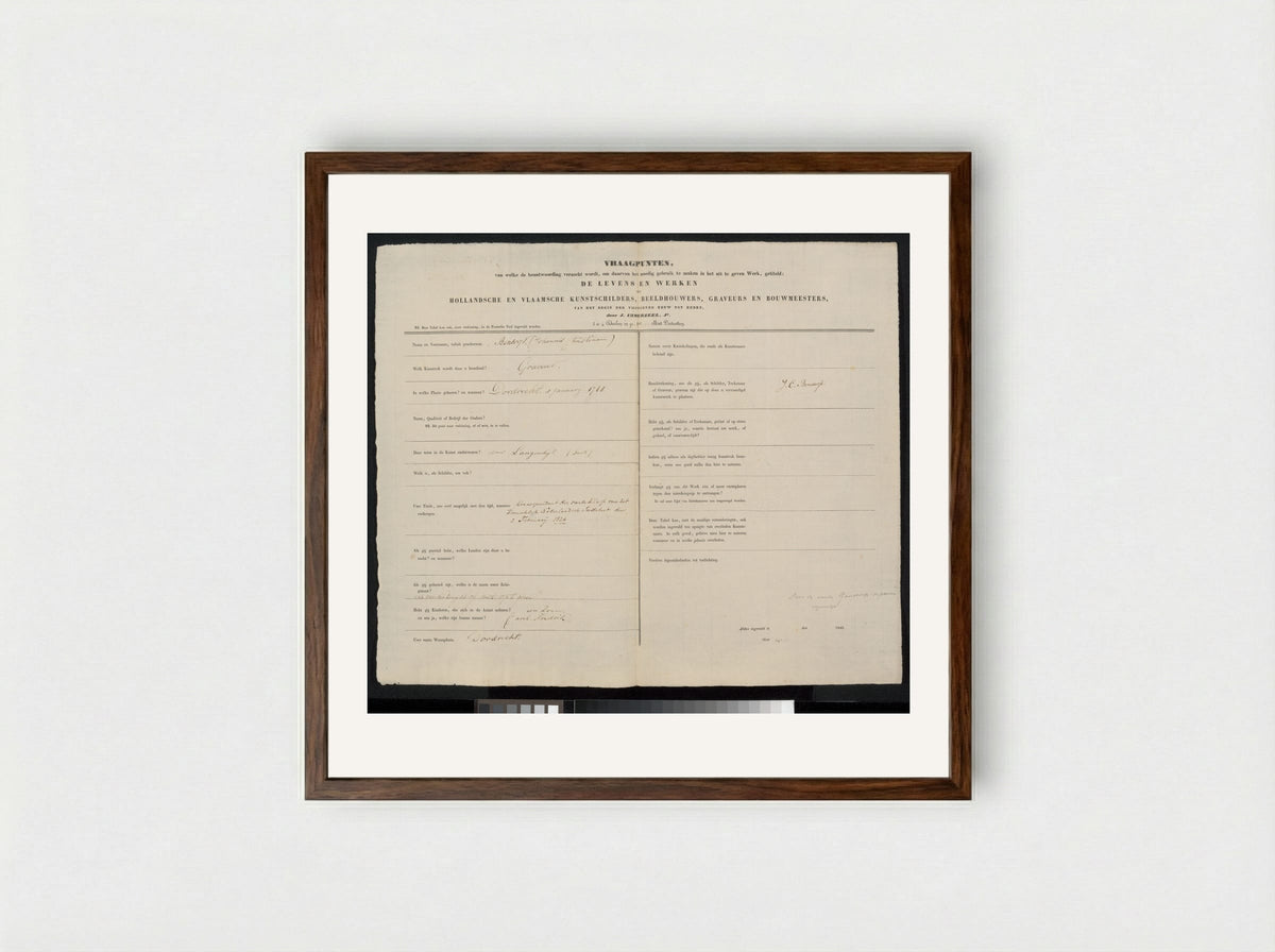 Autobiographical Questionnaire - Johannes Christiaan Bendorp - Framed Print Dark Wood