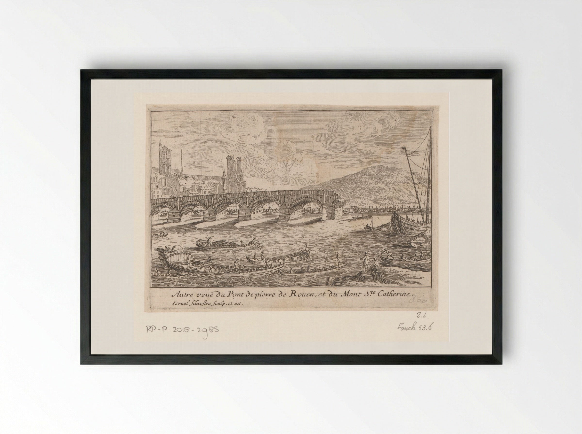 Autre veuë du Pont de pierre de Rouen, et du Mont Ste Catherine - Israël Silvestre - Framed Print Black