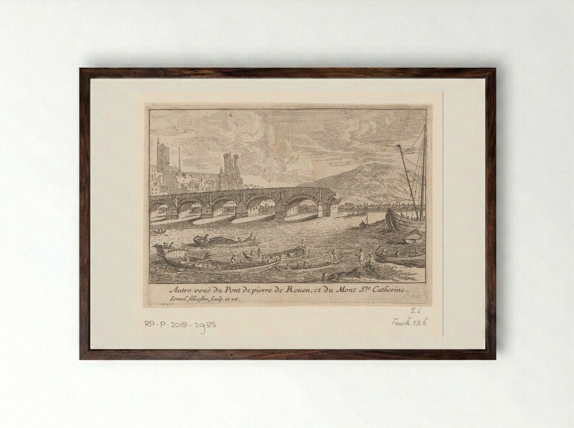 Autre veuë du Pont de pierre de Rouen, et du Mont Ste Catherine - Israël Silvestre - Framed Print Dark Wood