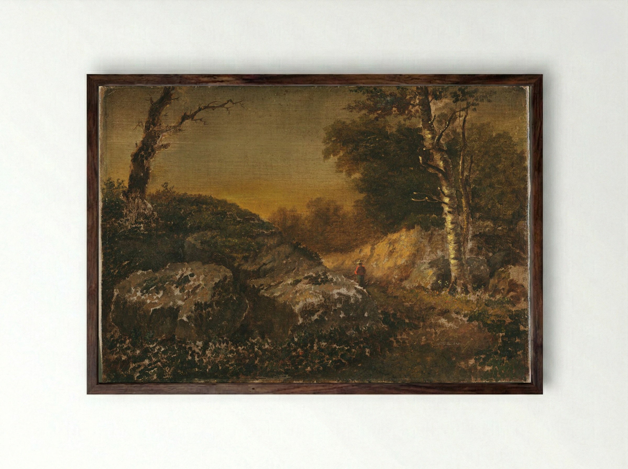 Autumn Landscape with Man Fishing - William Morris Hunt - Framed Print Dark Wood