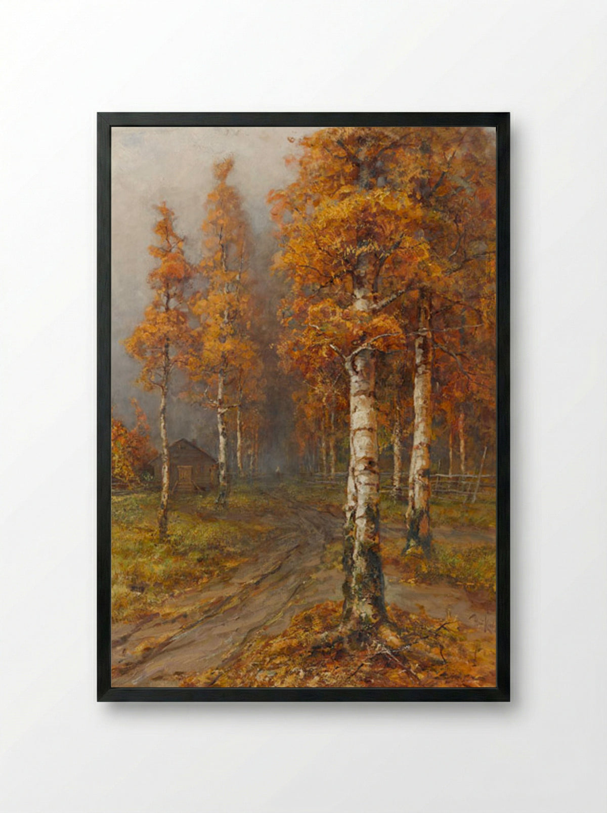 Autumnal Forest Path with Birch Trees - Julius Sergius von Klever - Framed Print Black