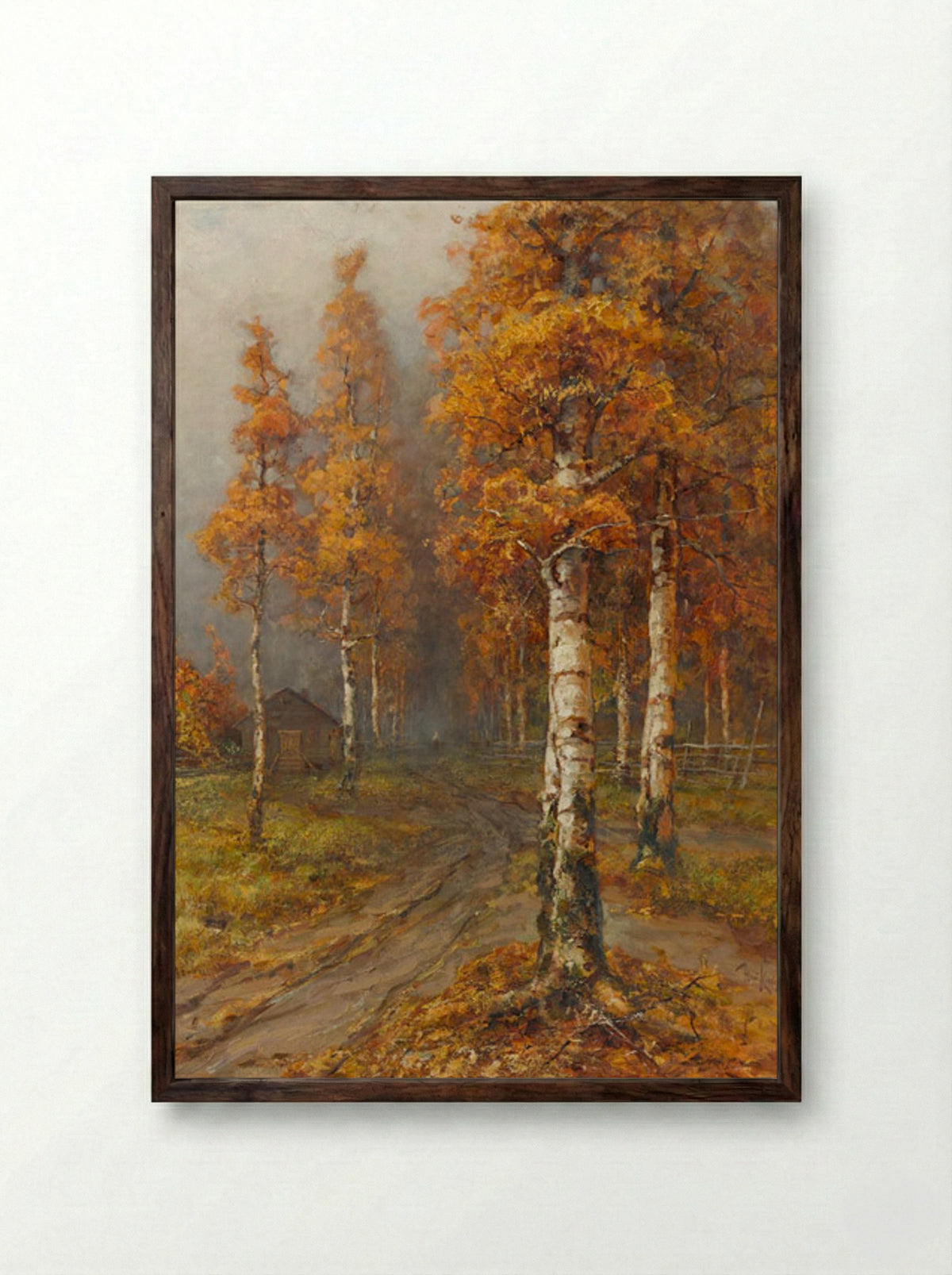 Autumnal Forest Path with Birch Trees - Julius Sergius von Klever - Framed Print Dark Wood