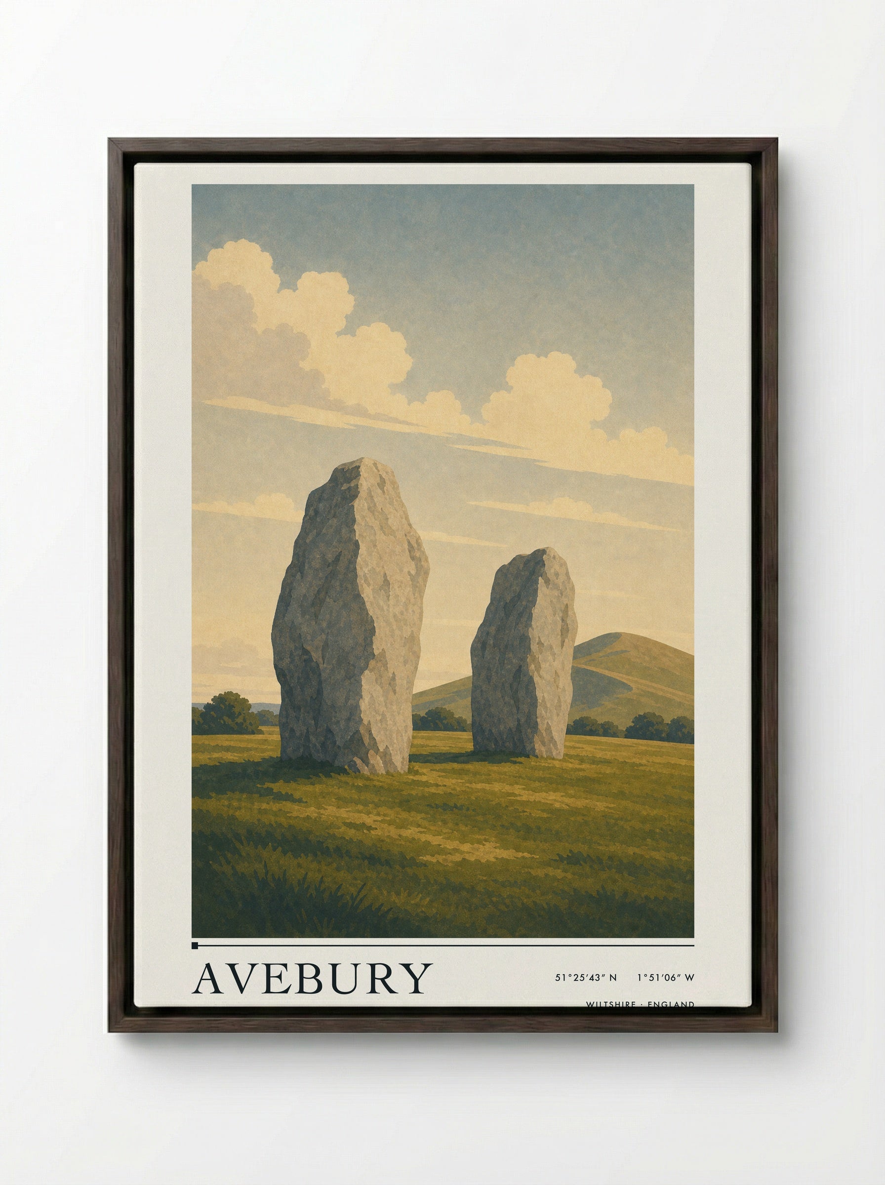 Avebury Wiltshire England Travel Poster - Framed Canvas Dark Wood