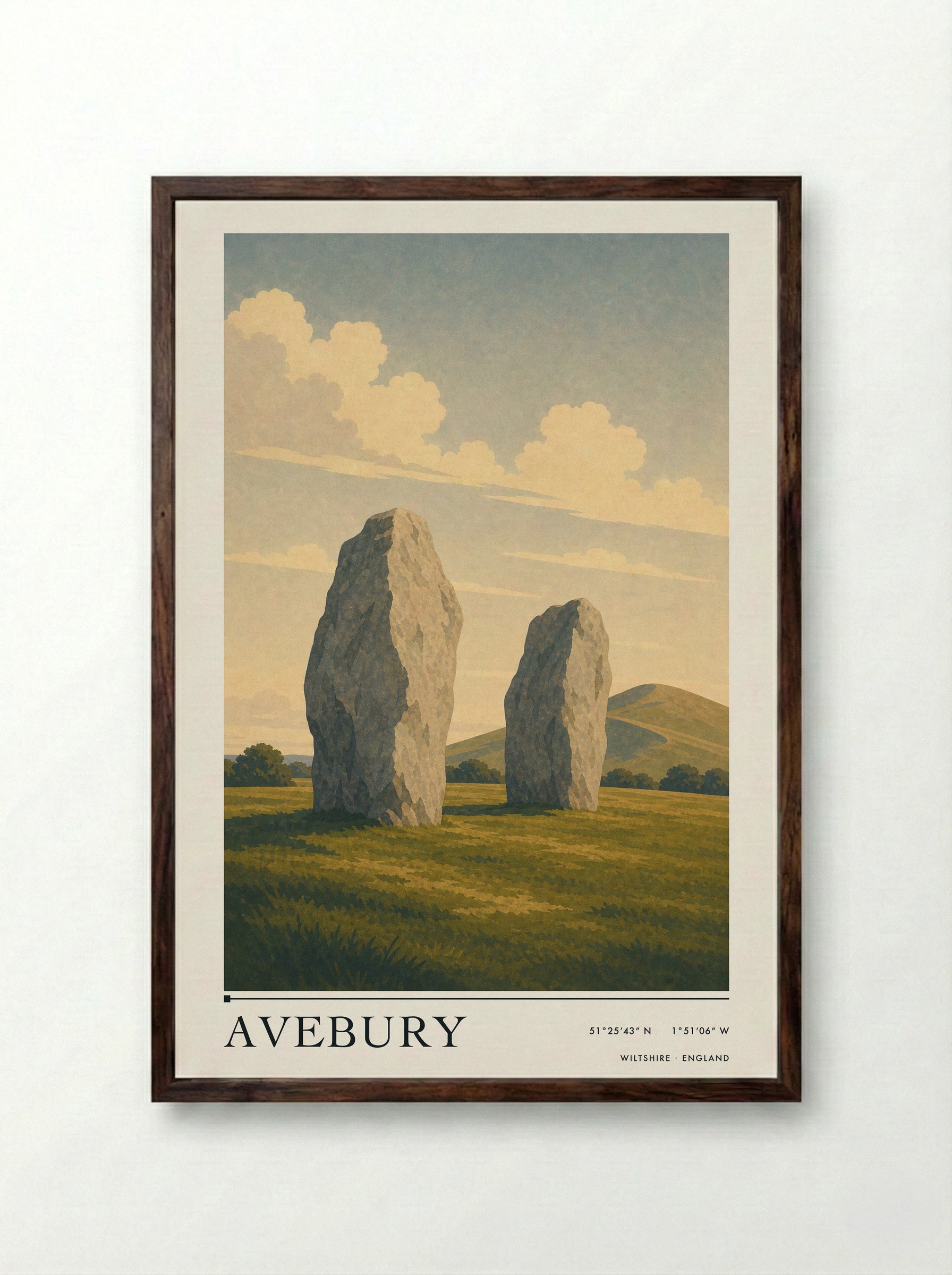 Avebury Wiltshire England Travel Poster - Framed Print Dark Wood