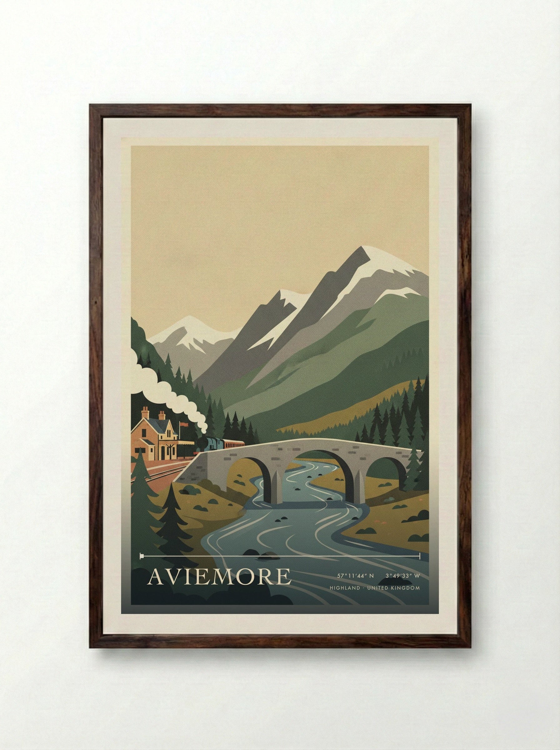 Aviemore Highland United Kingdom Travel Poster - Framed Print Dark Wood