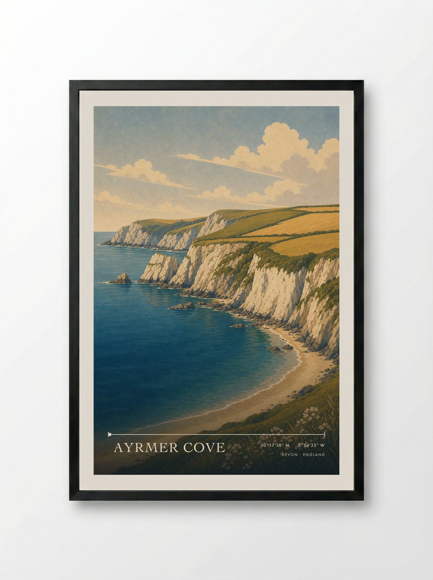 Ayrmer Cove Devon England Travel Poster - Framed Print Black