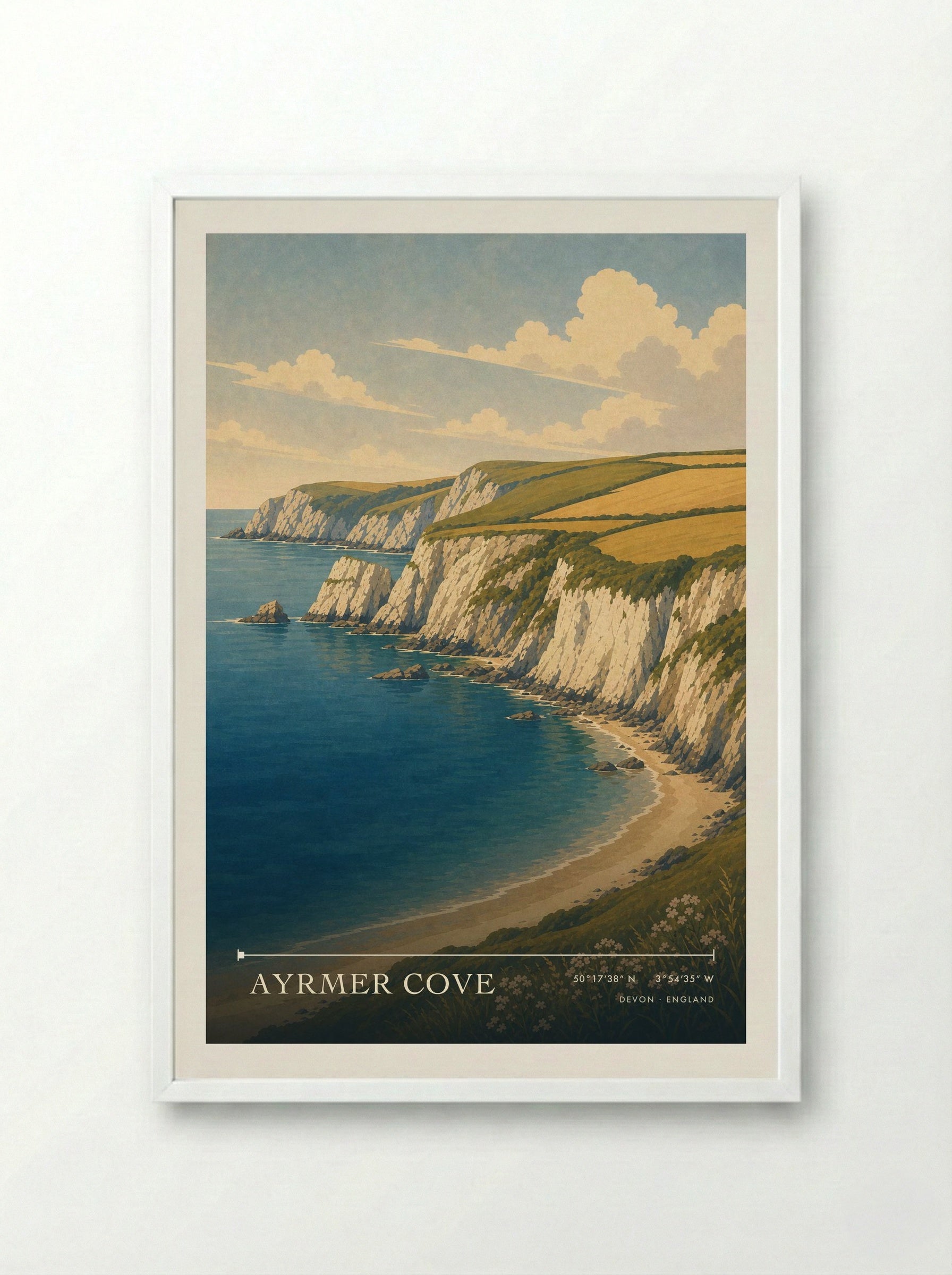 Ayrmer Cove Devon England Travel Poster - Framed Print White