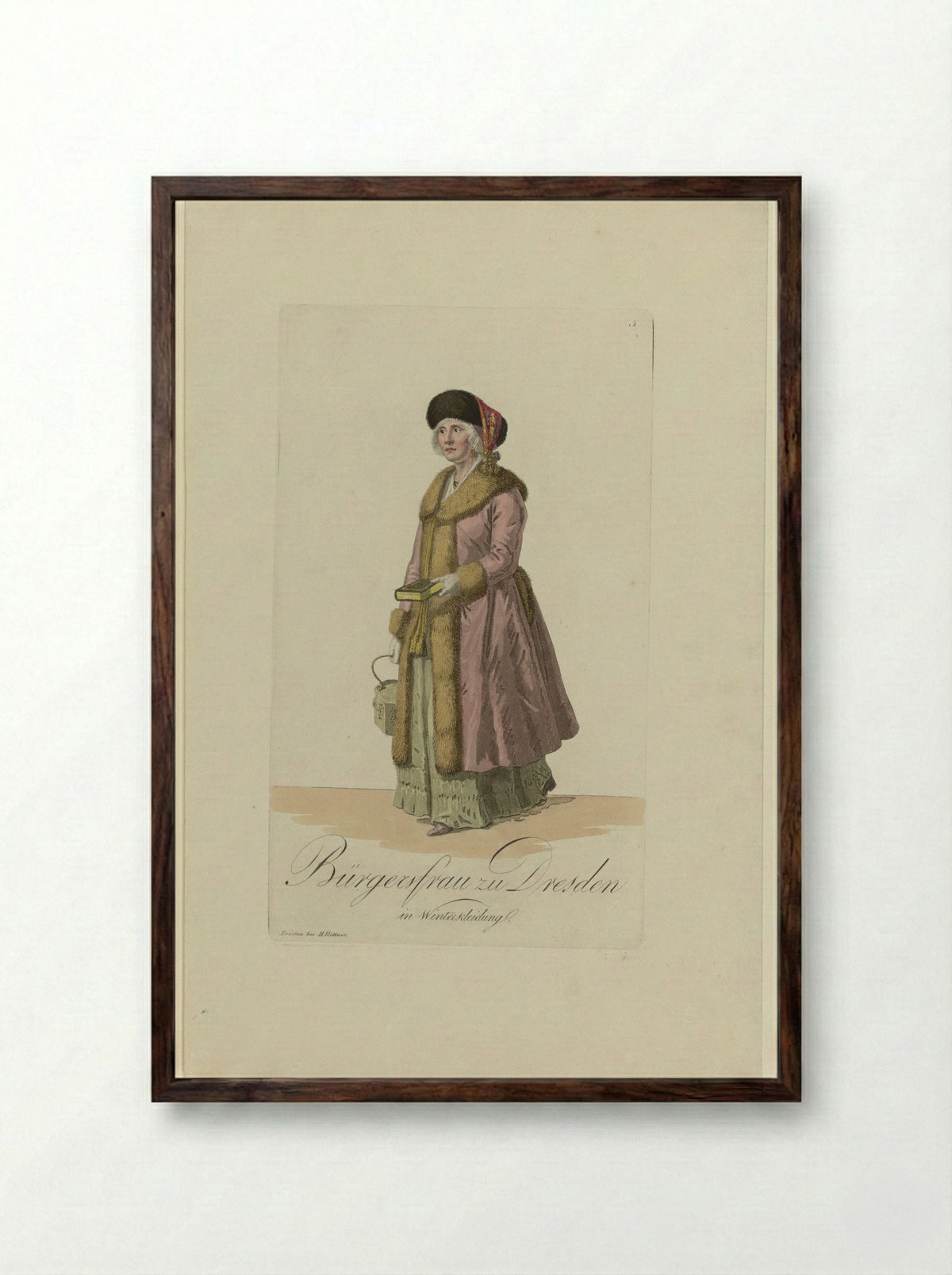 Bürgerfrau zu Dresden in Winterkleidung - Samuel Gränicher - Framed Print Dark Wood