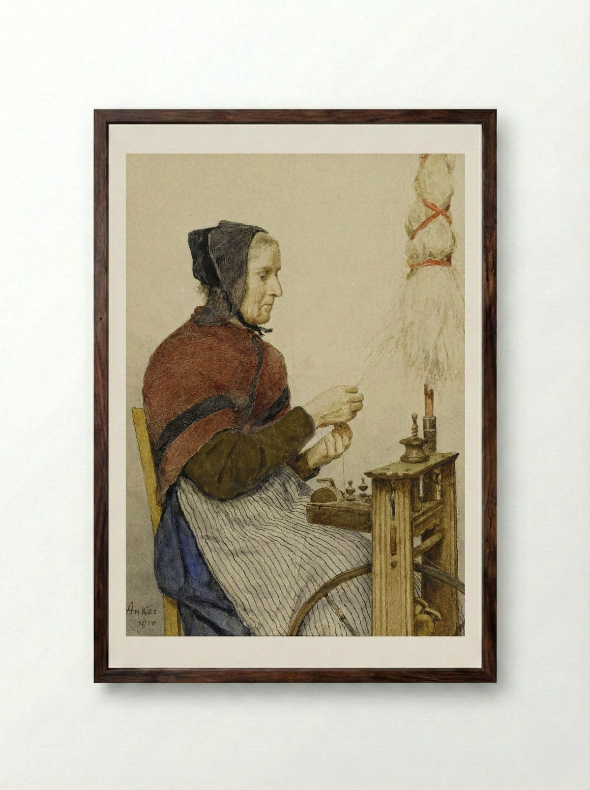 Bäuerin am Spinnrad - Albert Anker - Framed Print Dark Wood