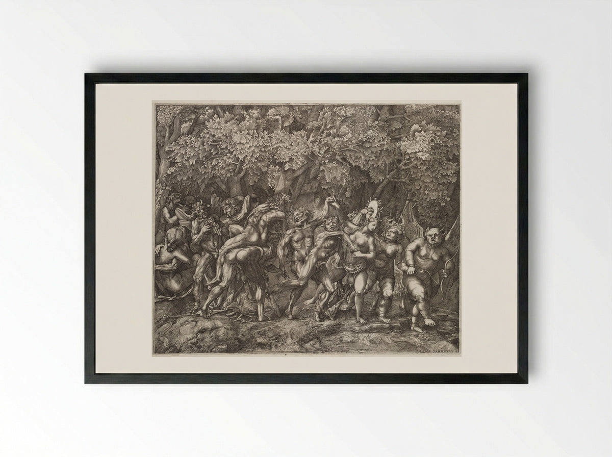 Bacchanal in a Forest - Giulio Sanuto - Framed Print Black