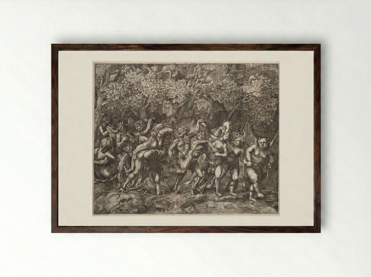 Bacchanal in a Forest - Giulio Sanuto - Framed Print Dark Wood