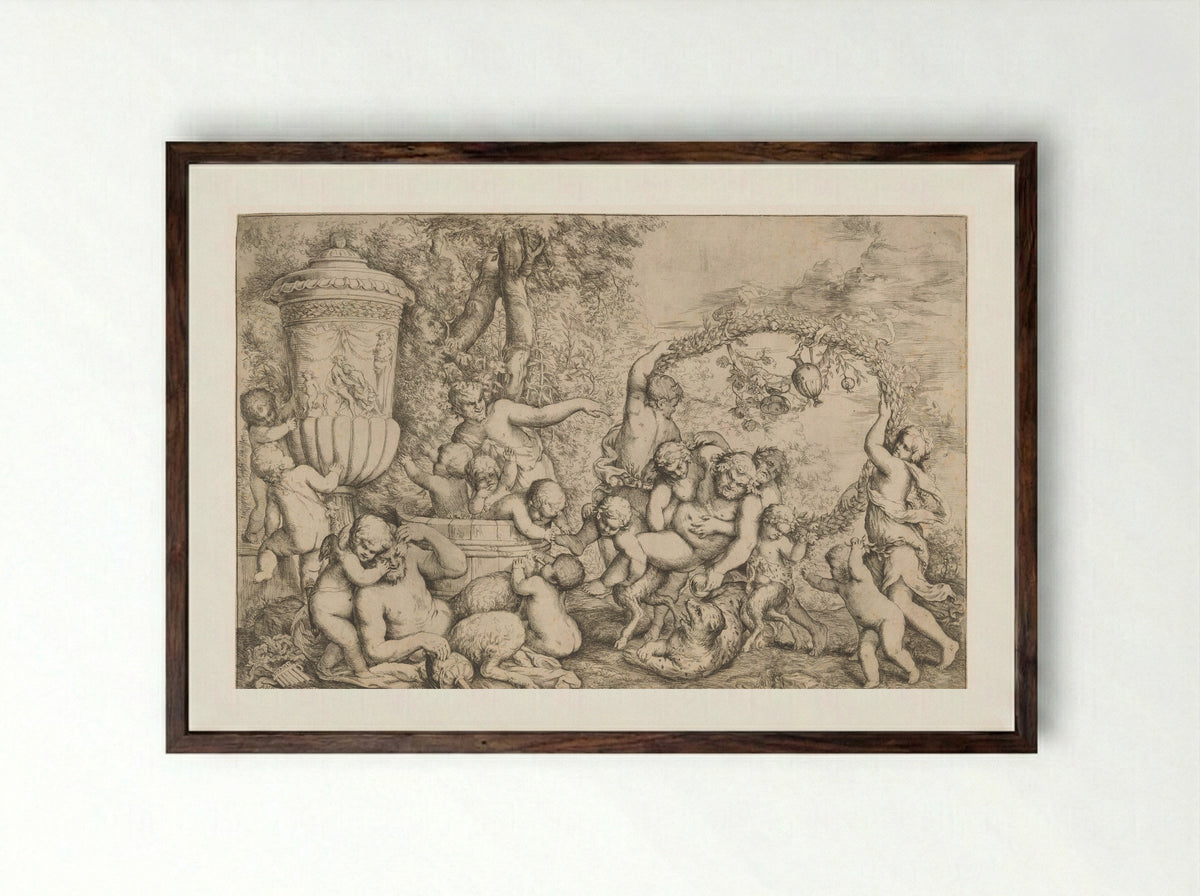 Bacchanal with Silenus - Giovanni Andrea Podestà - Framed Print Dark Wood