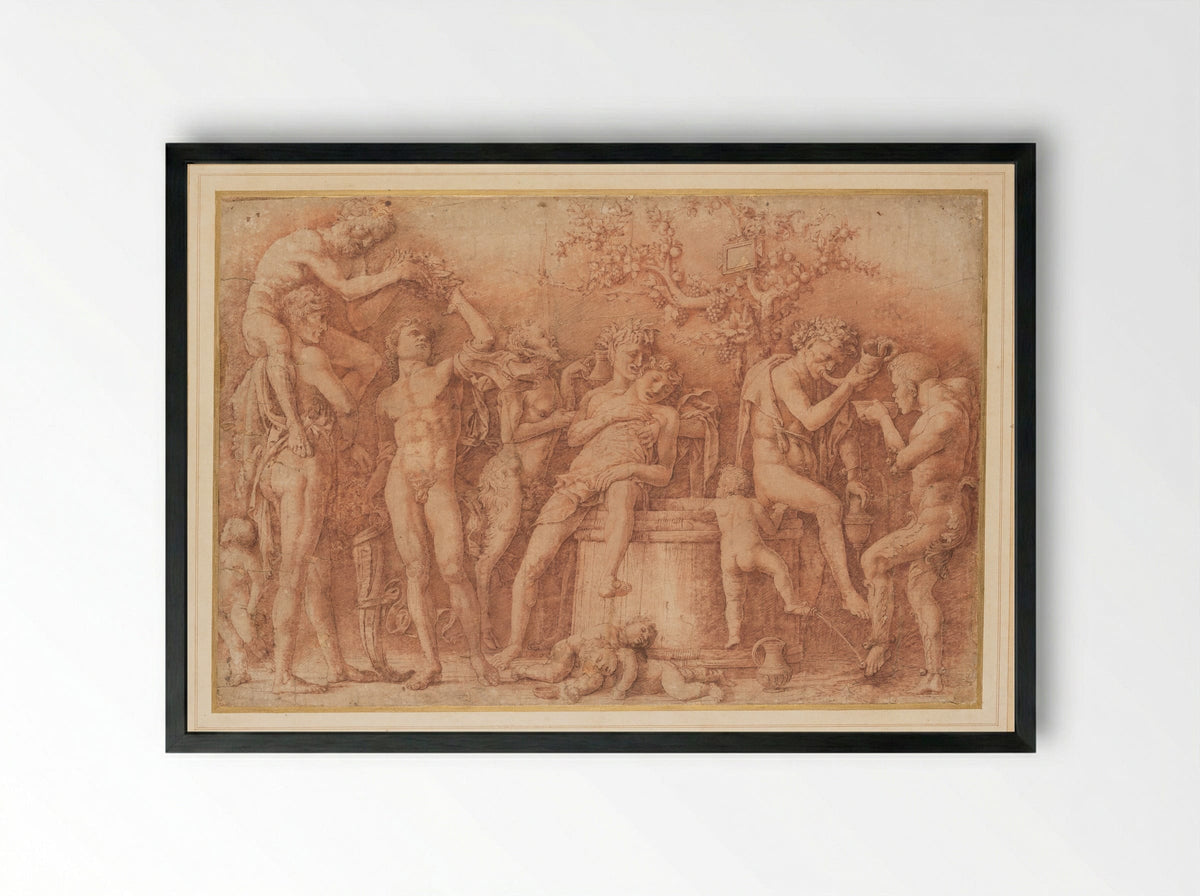 Bacchanal with Wine Press - Andrea Mantegna - Framed Print Black