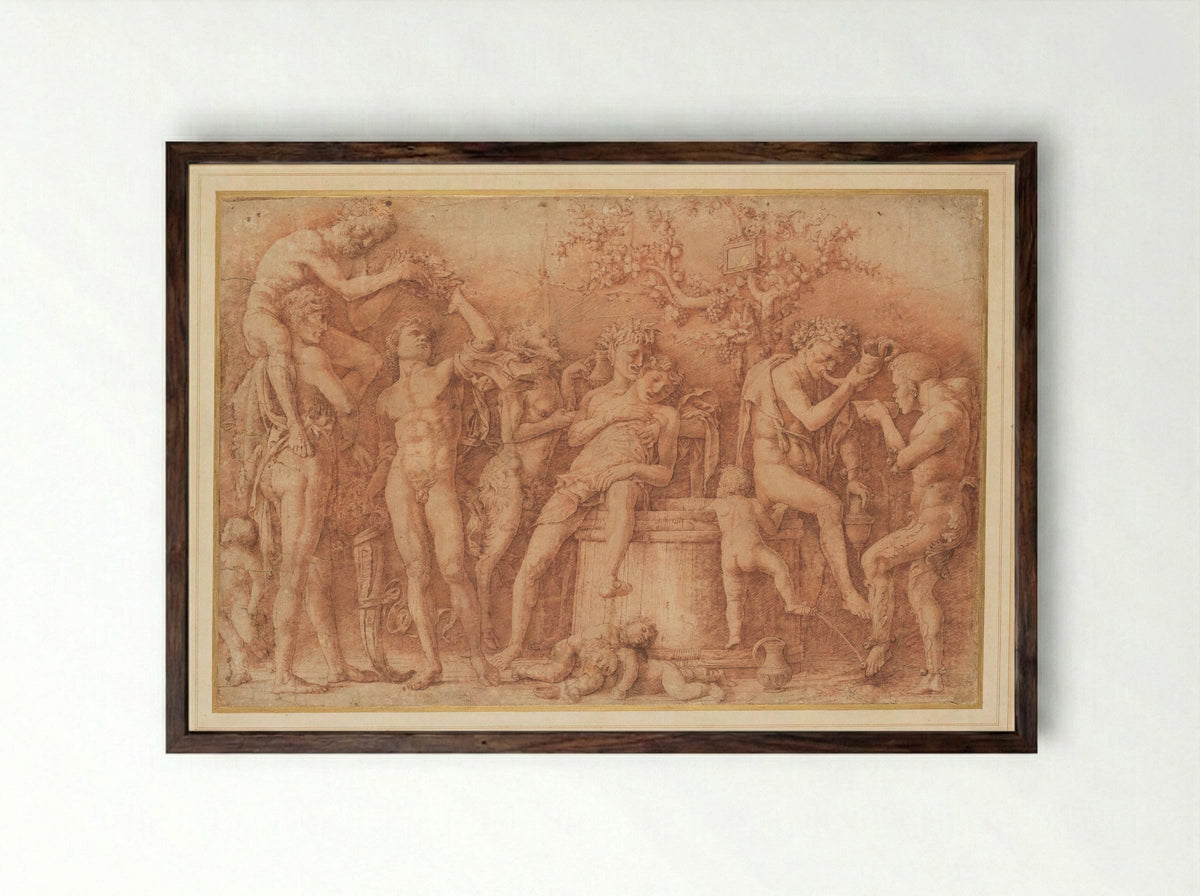 Bacchanal with Wine Press - Andrea Mantegna - Framed Print Dark Wood