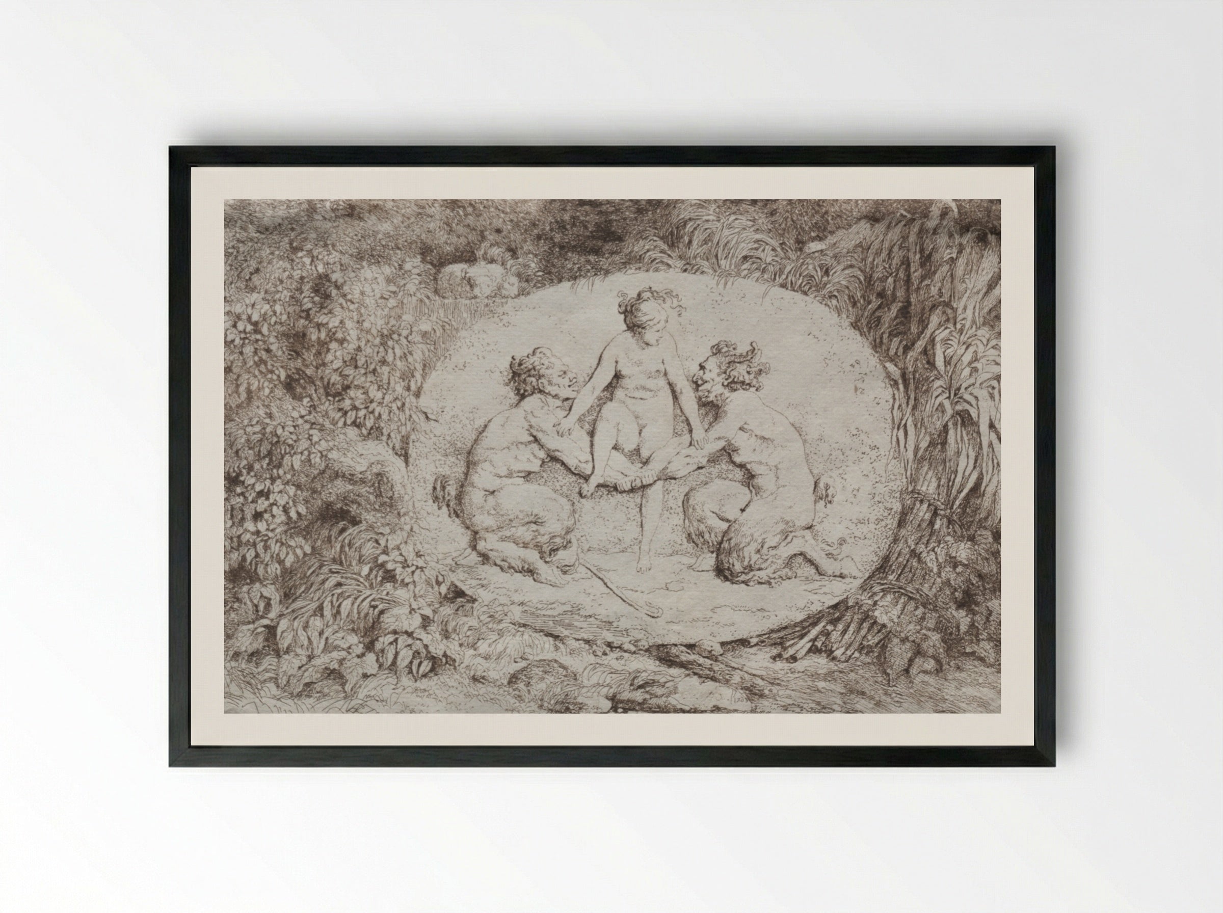 Bacchanales: Nymph Supported by Two Satyrs - Jean-Honoré Fragonard - Framed Print Black